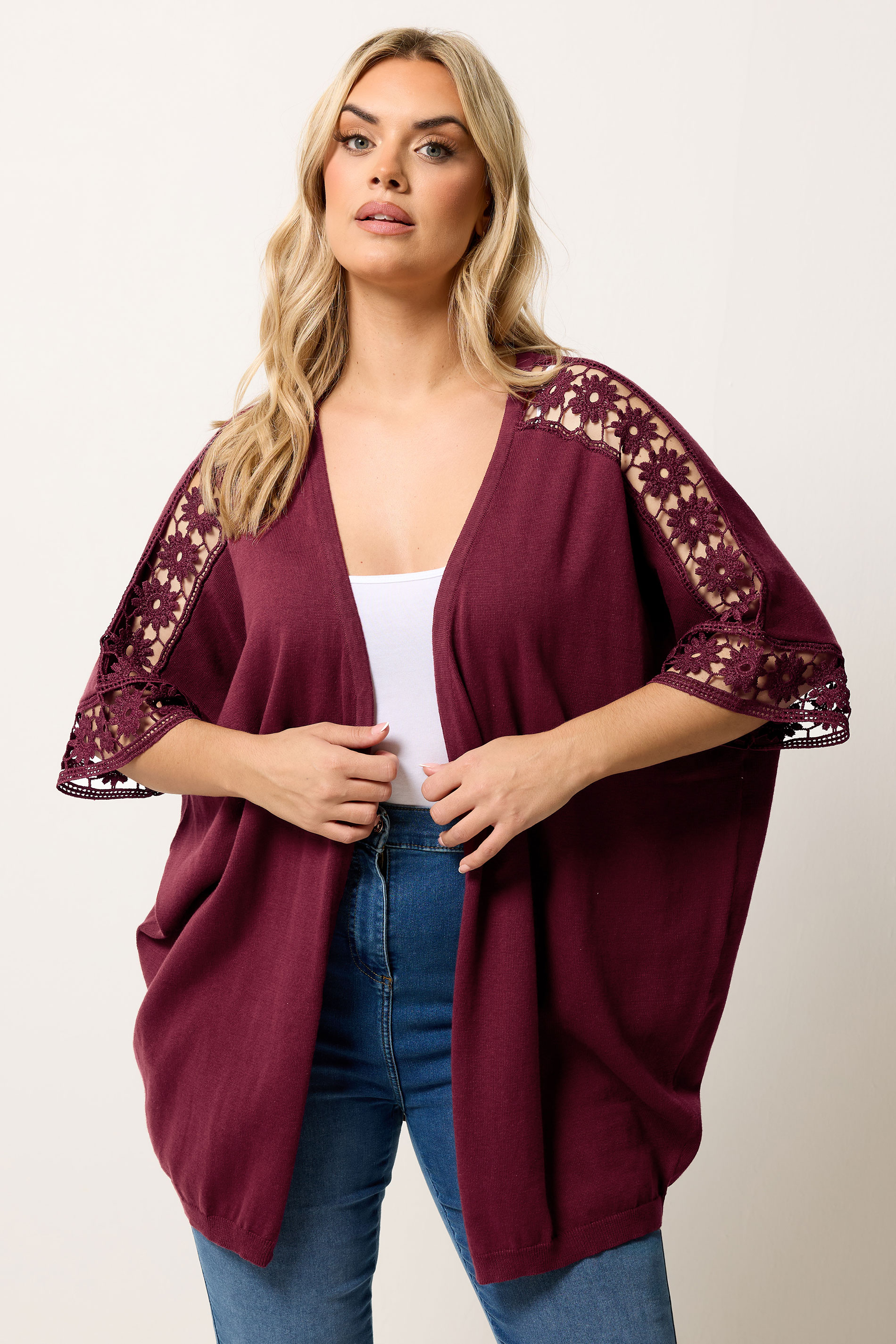 YOURS Plus Size Burgundy Red Crochet Sleeve Kimono | Yours Clothing 3