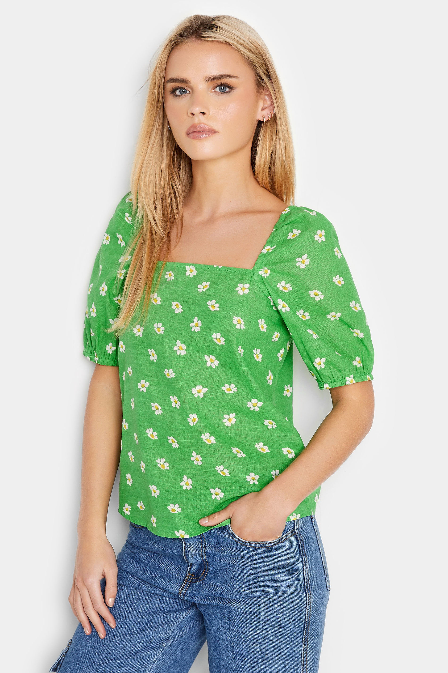 Petite Green Daisy Print Square Neck Top | PixieGirl
