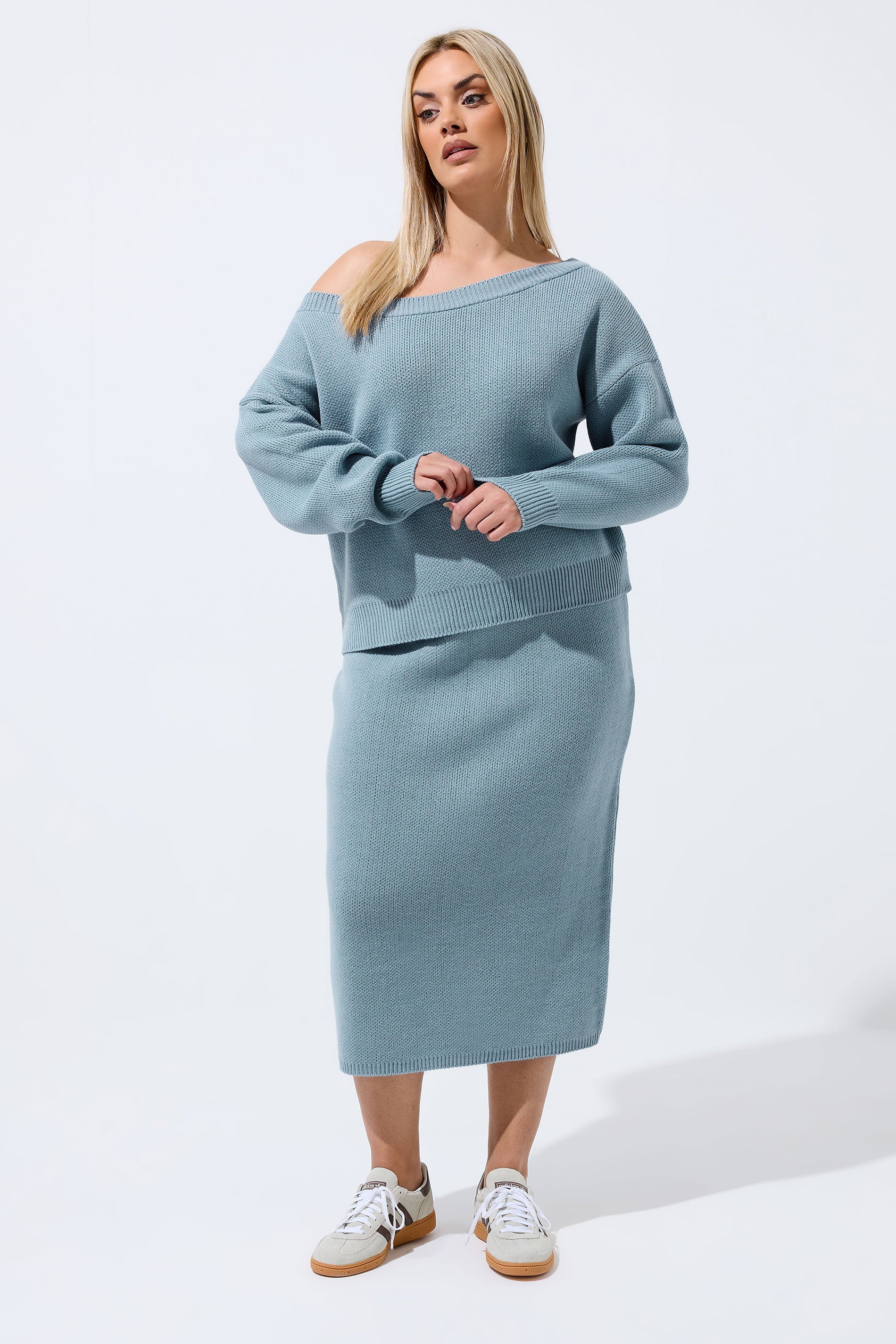 LIMITED COLLECTION Plus Size Blue Knitted Off Shoulder Jumper | Yours Clothing 1