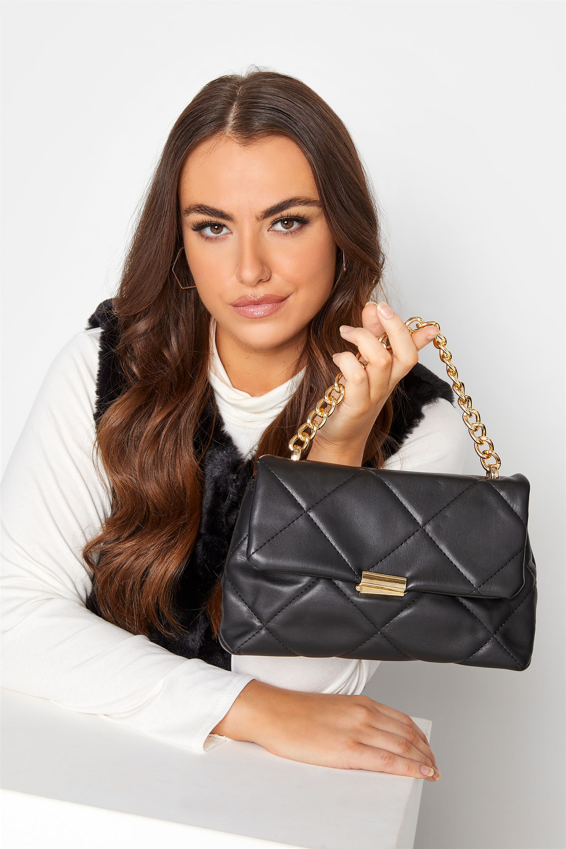 Plus Size Black Quilted Chain Handle Bag | Yours Clothing 1