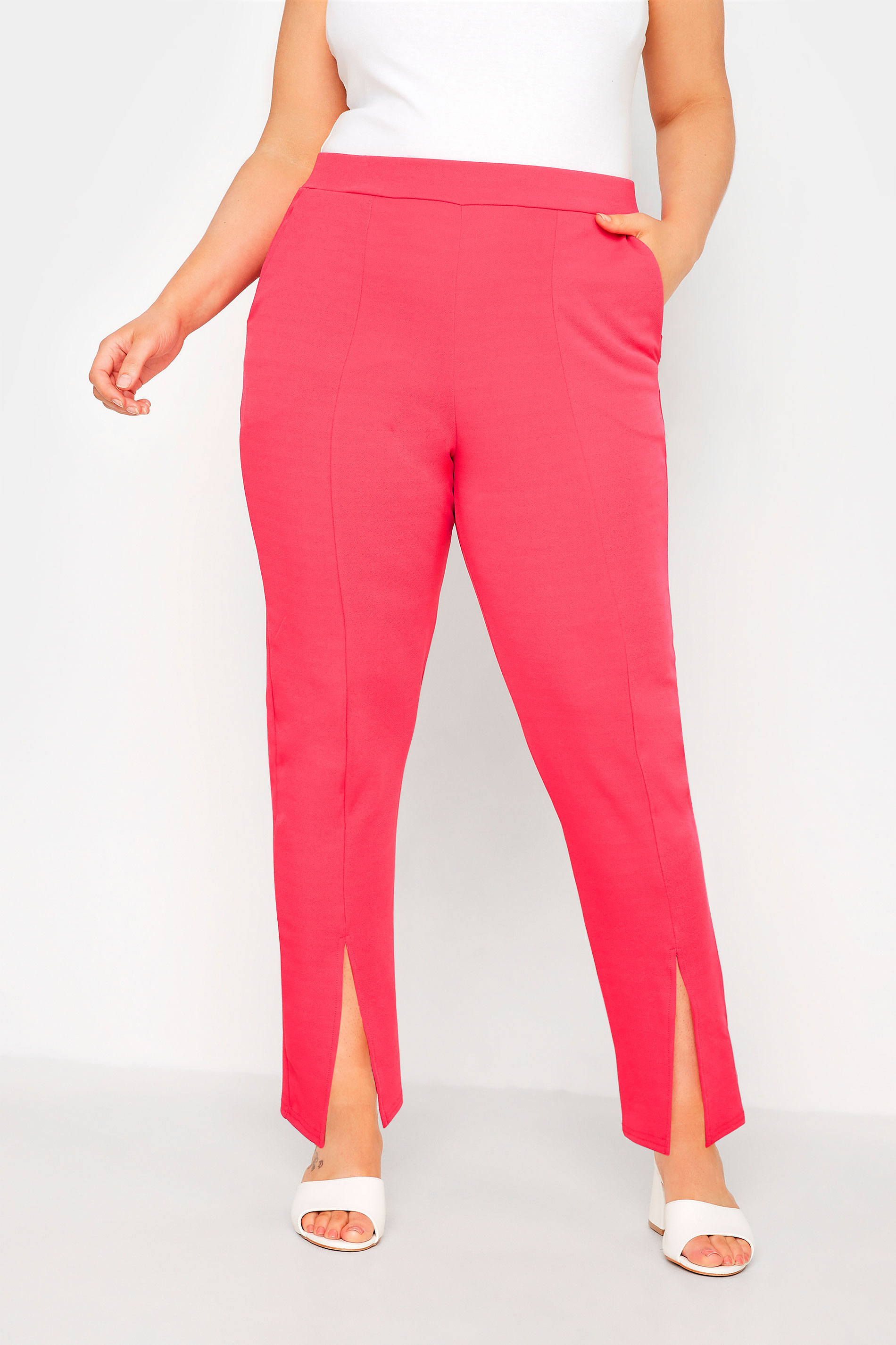 LIMITED COLLECTION Plus Size Hot Pink Split Hem Stretch Tapered Trousers | Yours Clothing 1