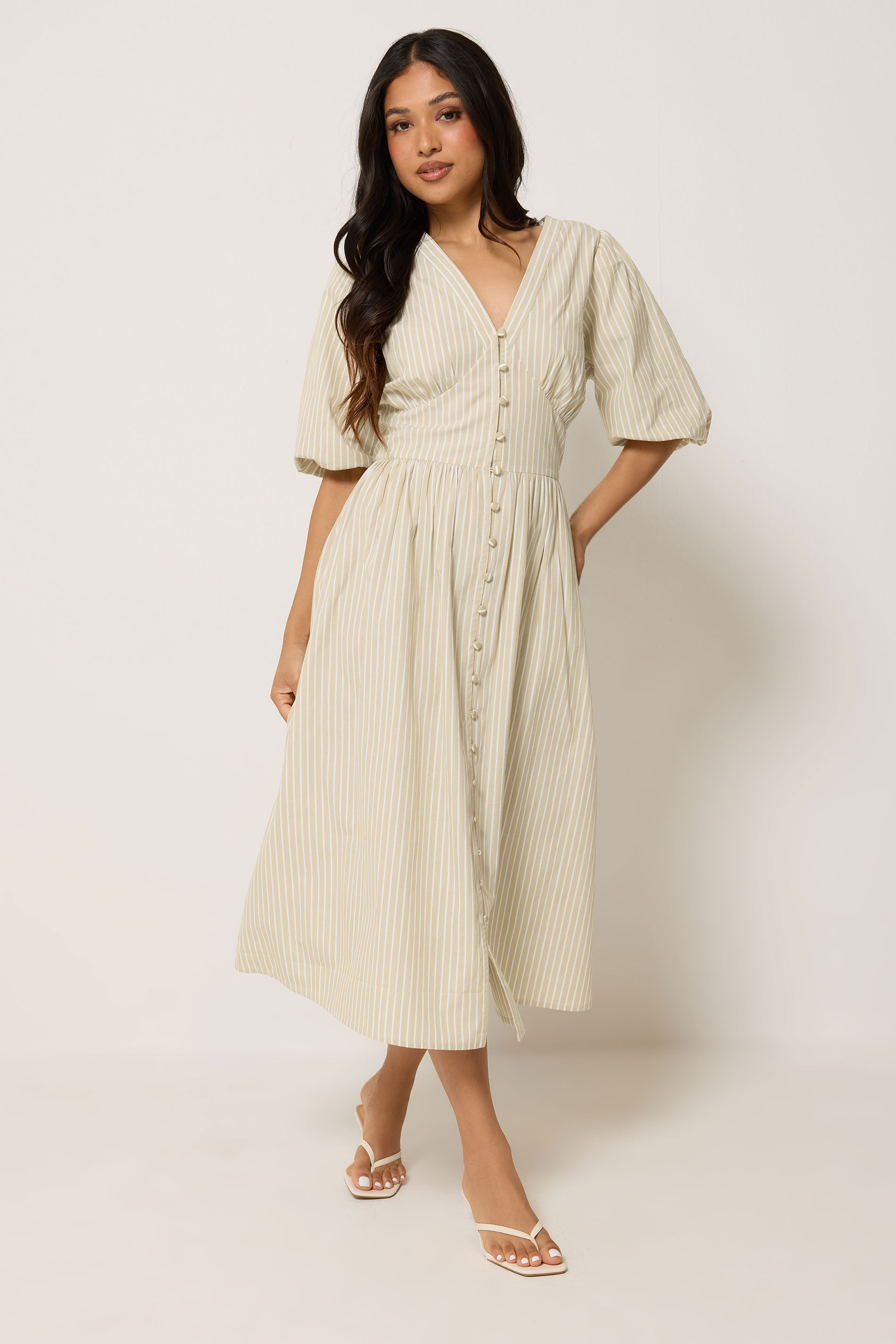 PixieGirl Petite Women's Natural Brown Striped Tea Maxi Dress | PixieGirl 3