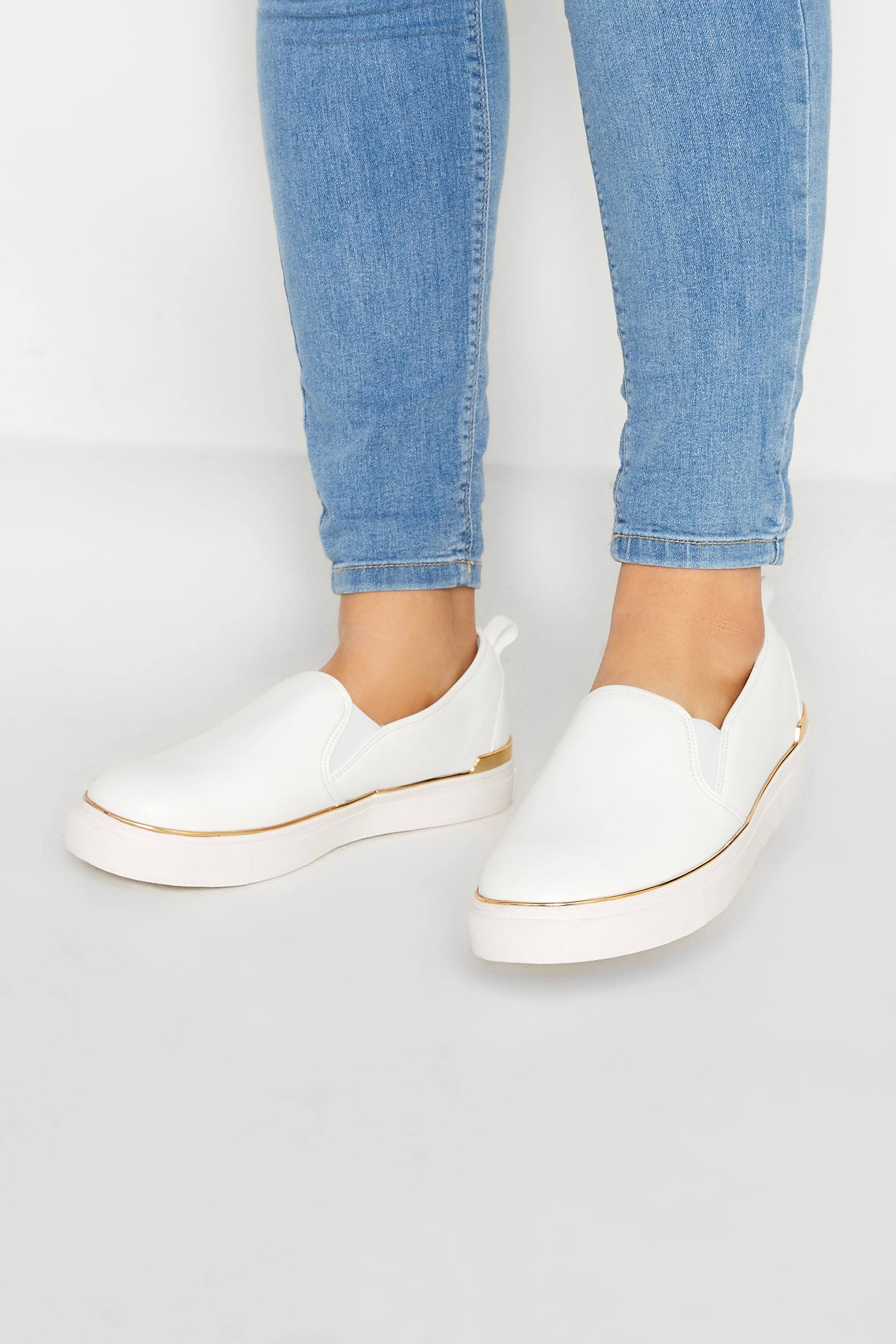 White & Gold Hardware Slip-On Trainers In Extra Wide EEE Fit | Yours Clothing 1
