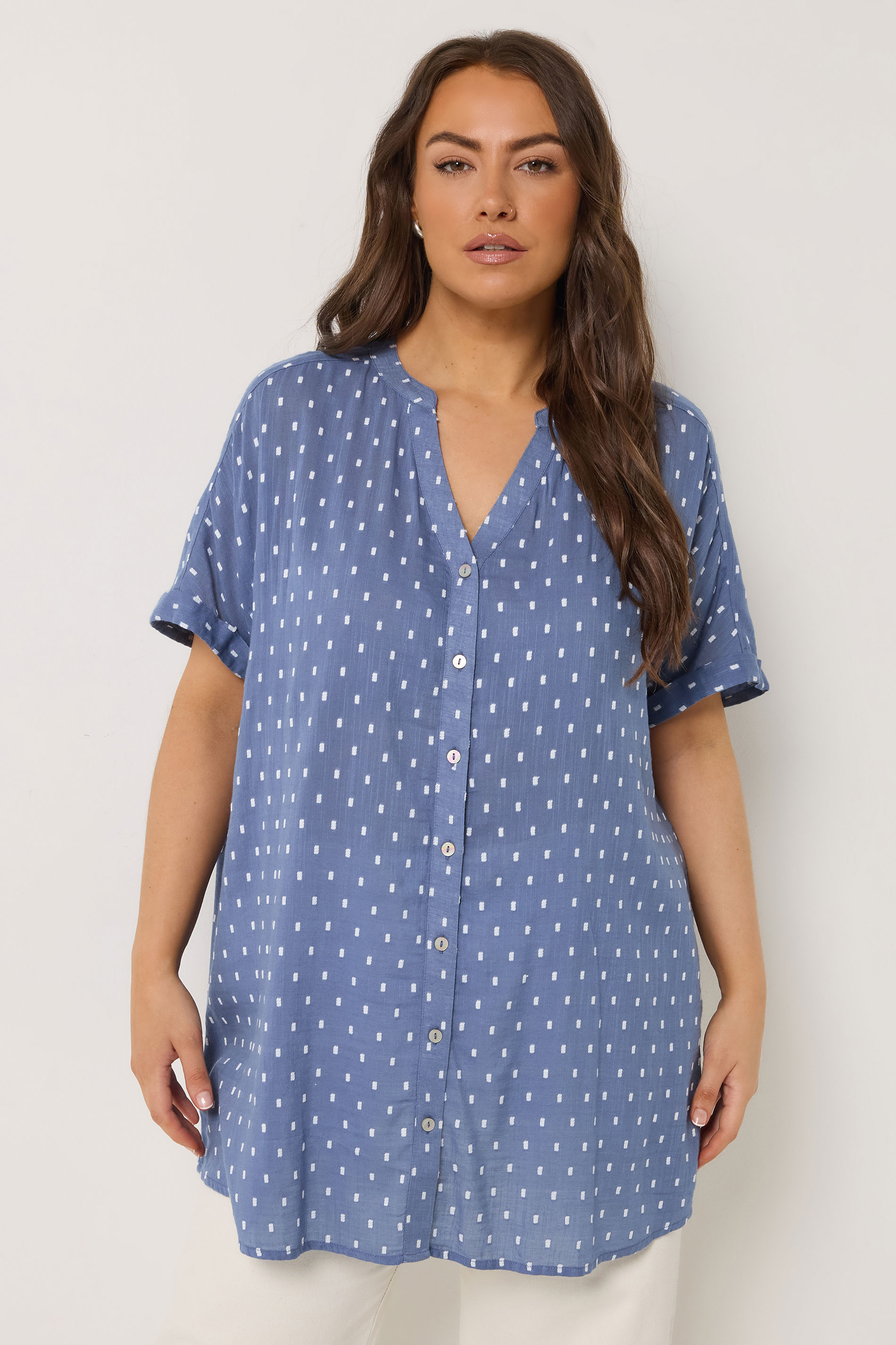YOURS Plus Size Denim Blue Dobby Notch Neck Blouse| Yours Clothing 3