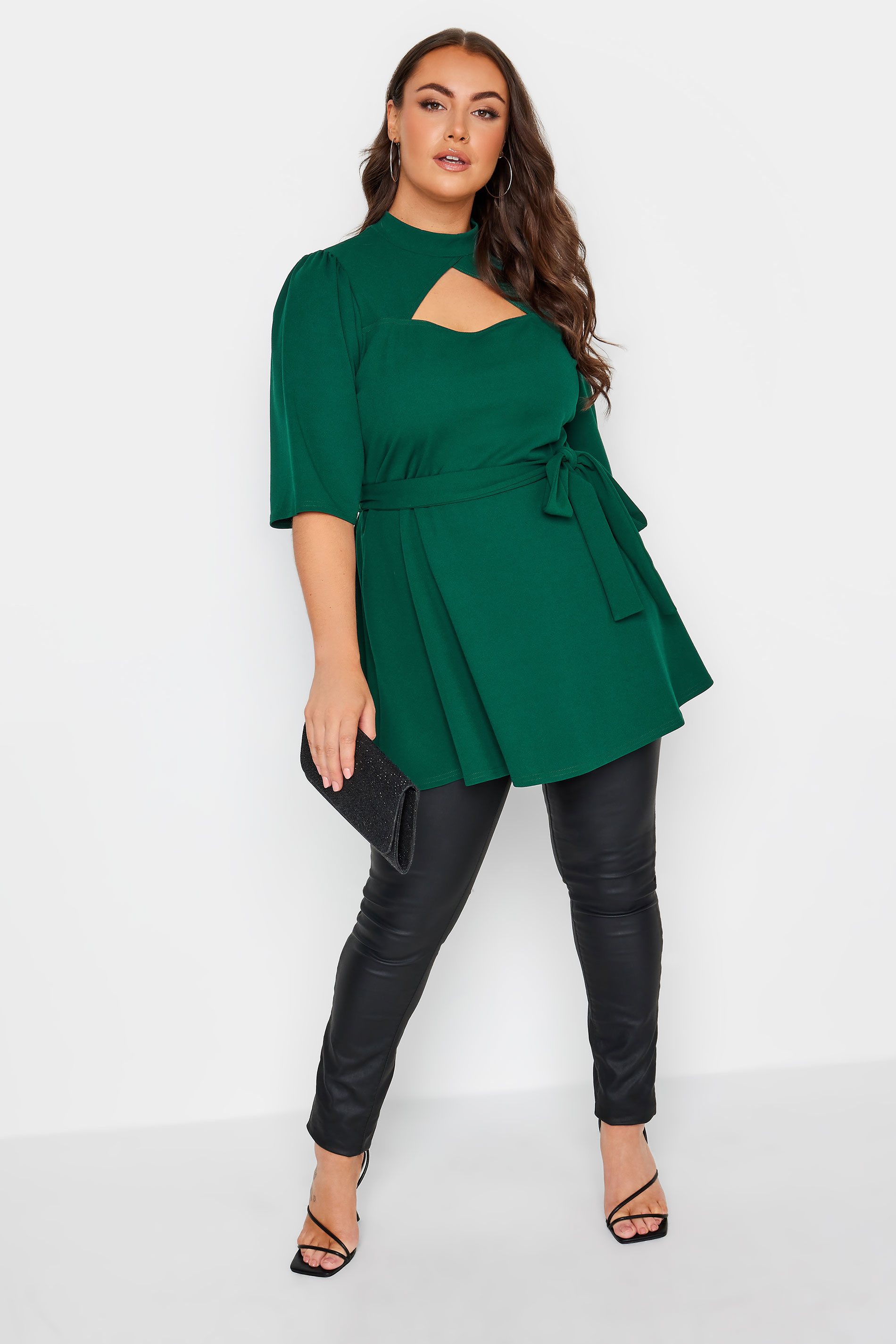 YOURS LONDON Plus Size Green Cut Out Detail Peplum Top | Yours Clothing 2