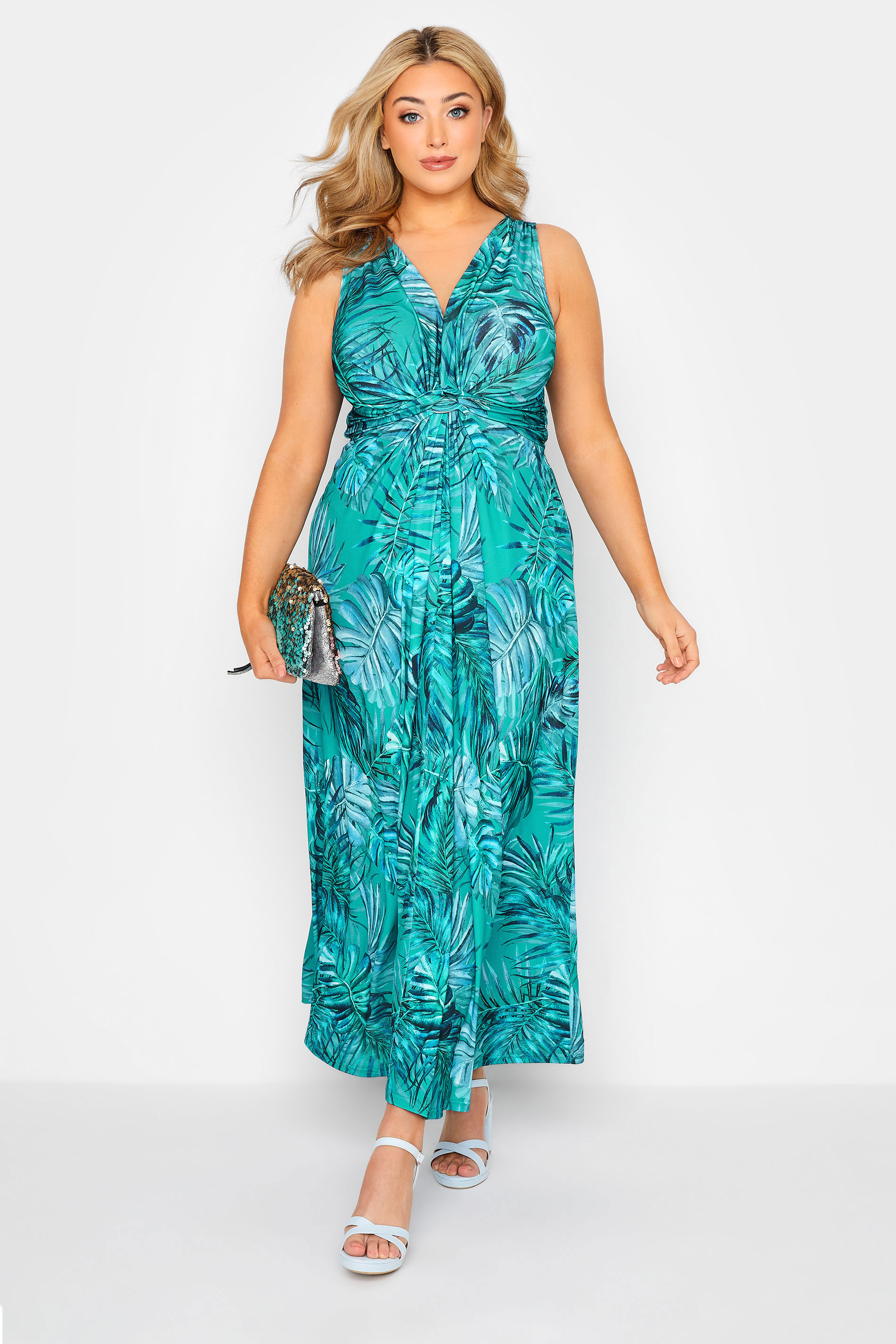 YOURS LONDON Curve Green Tropical Print Knot Front Maxi Dress 1