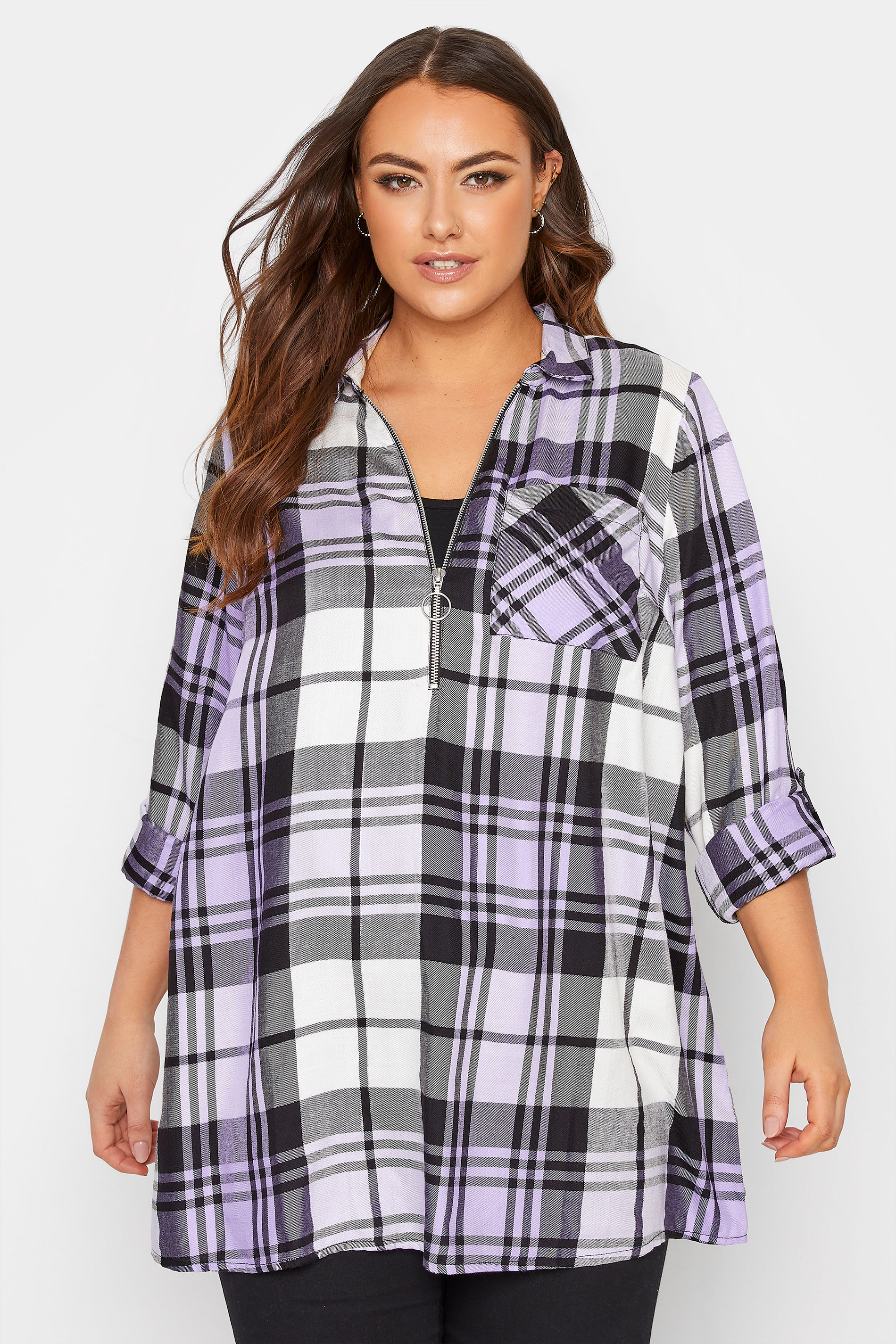 Plus Size Lilac Purple Zip Check Shirt | Yours Clothing  1