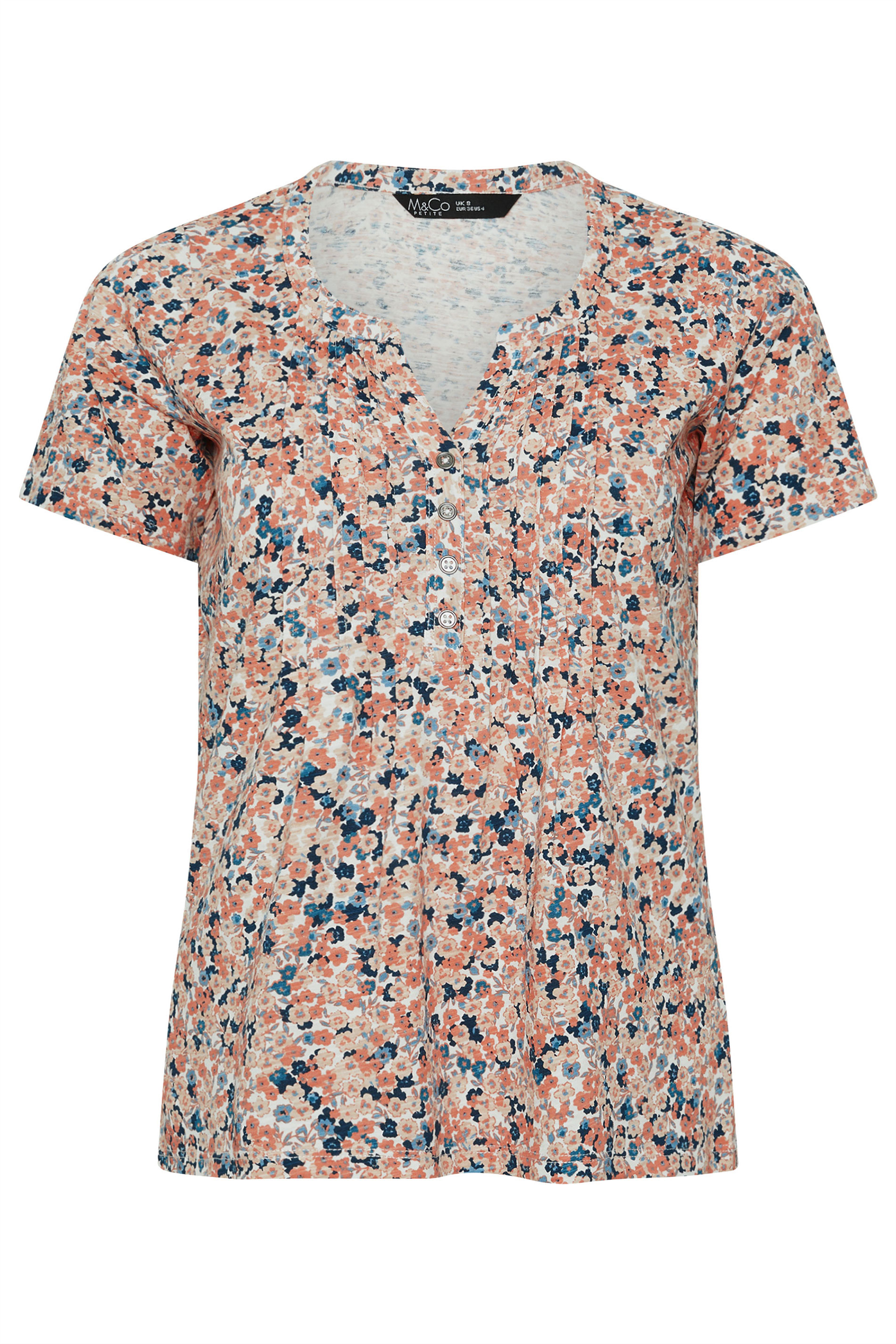 M&Co Petite Orange Ditsy Floral Cotton Henley Top | M&Co 5