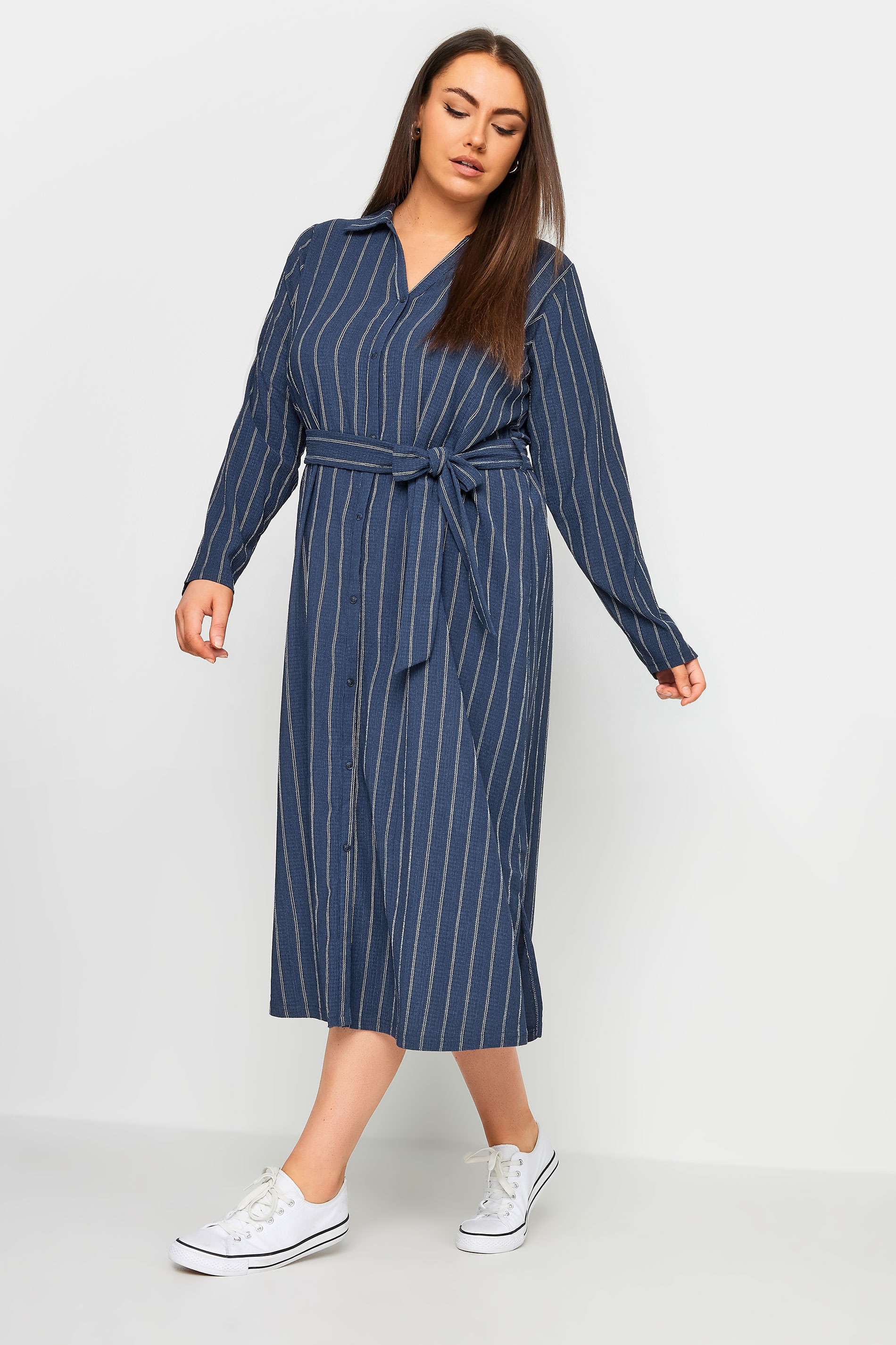 YOURS Plus Size Navy Blue Textured Pinstripe Midi Dress | Yours Clothing 3