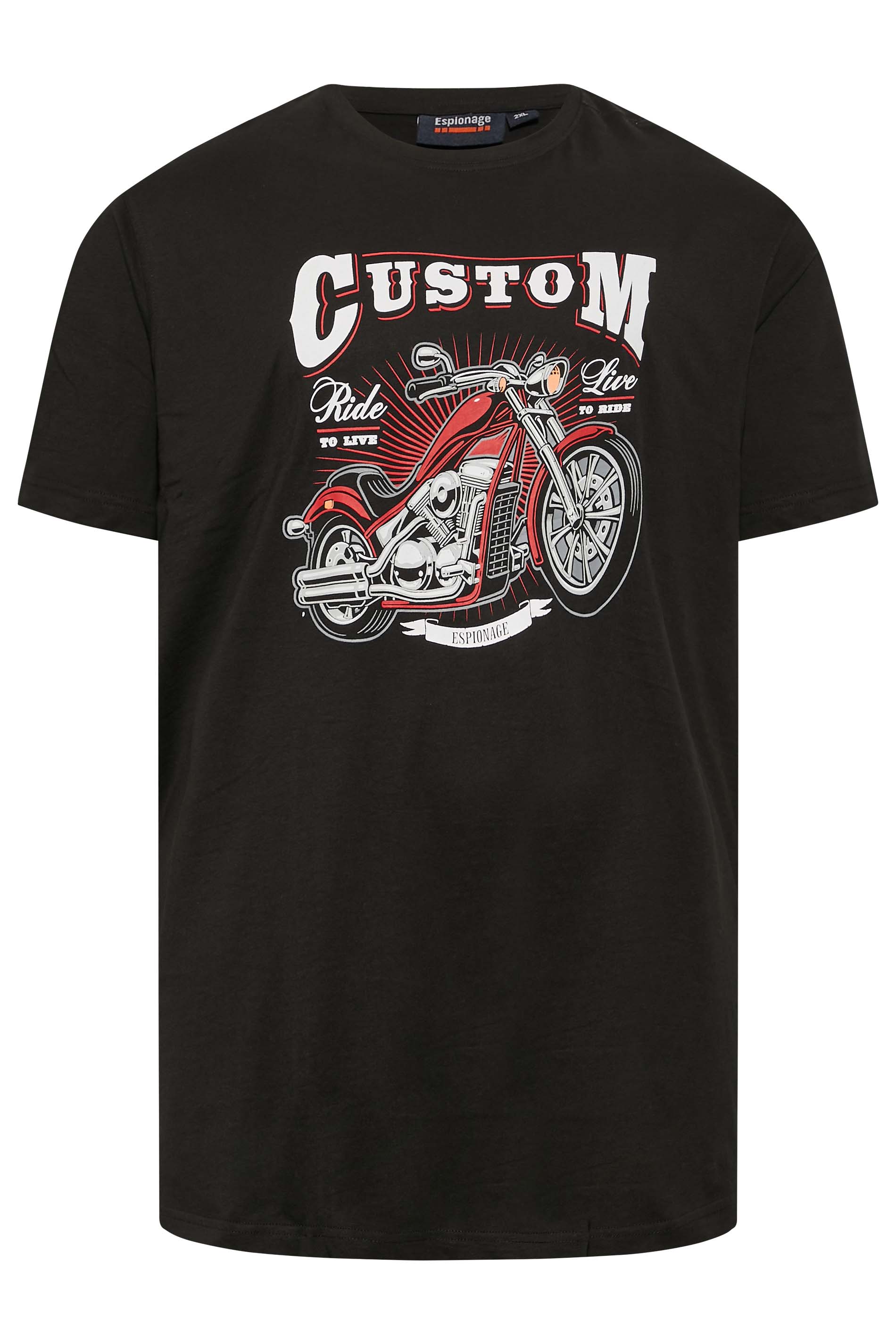 ESPIONAGE Big & Tall Black 'Custom' Motorbike Print T-Shirt | BadRhino 3