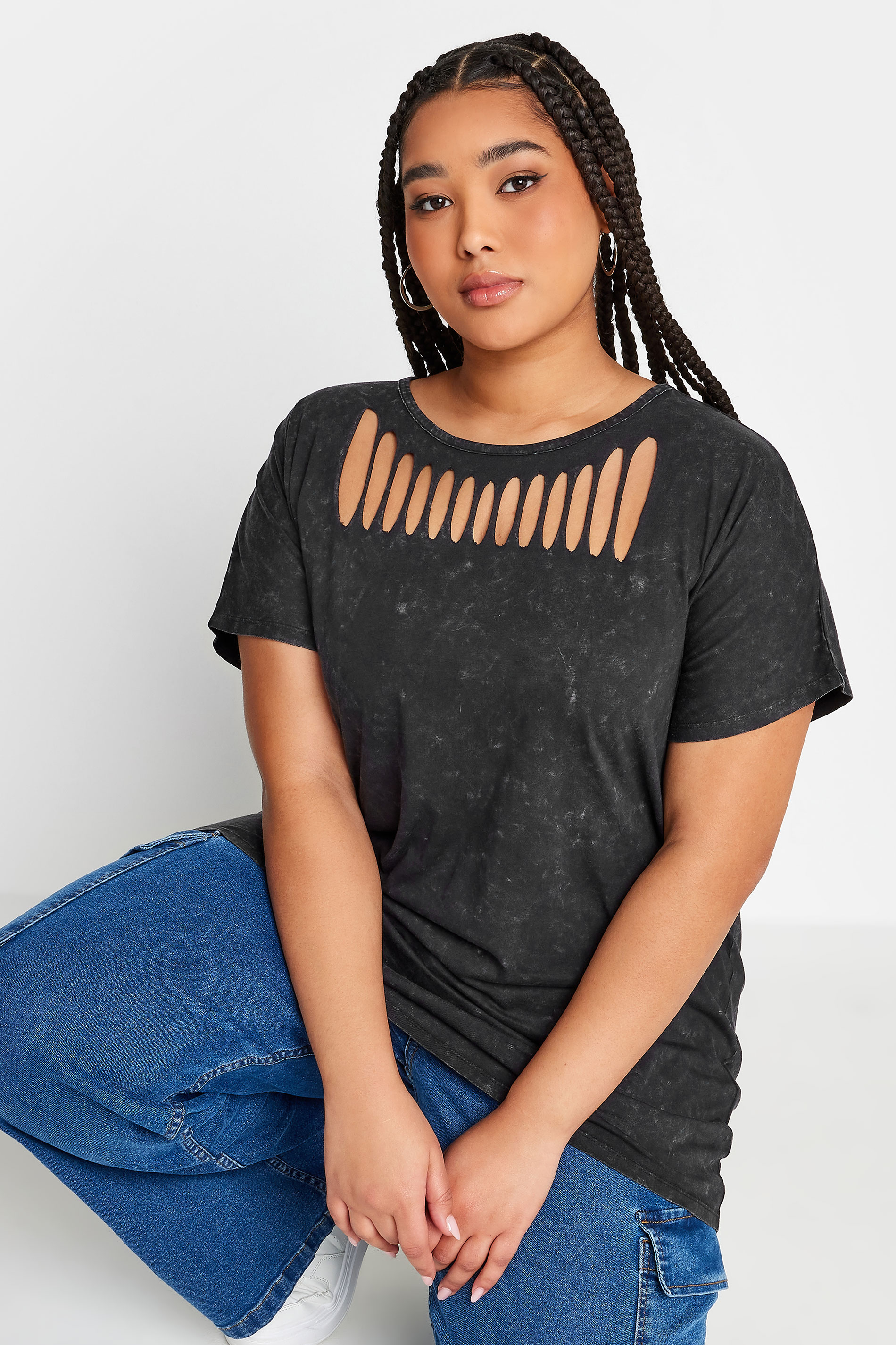 YOURS Plus Size Grey Acid Wash Cut Out Top | Yours Clothing 1