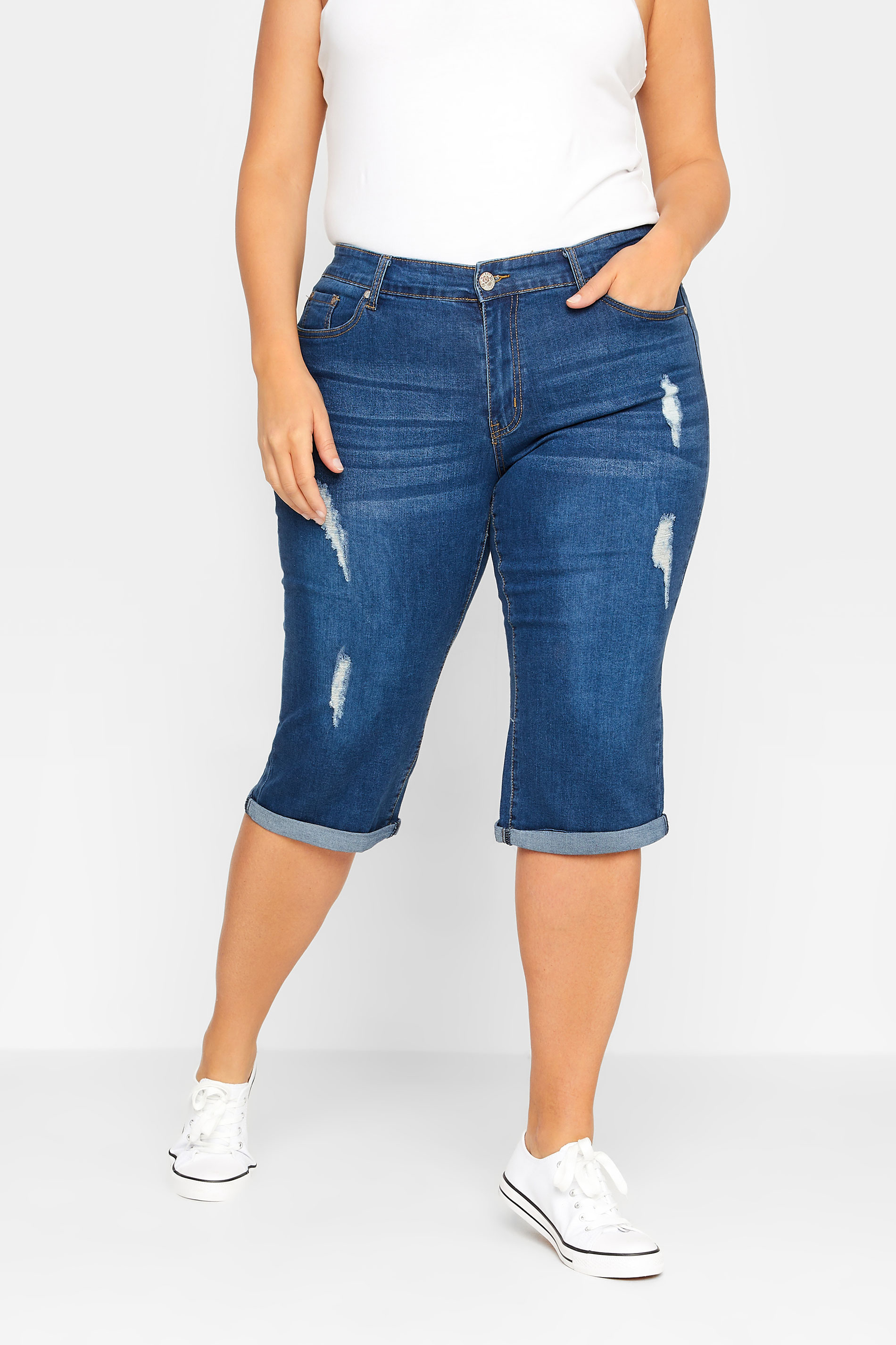 YOURS Plus Size Blue Distressed Denim Capri Shorts | Yours Clothing 1
