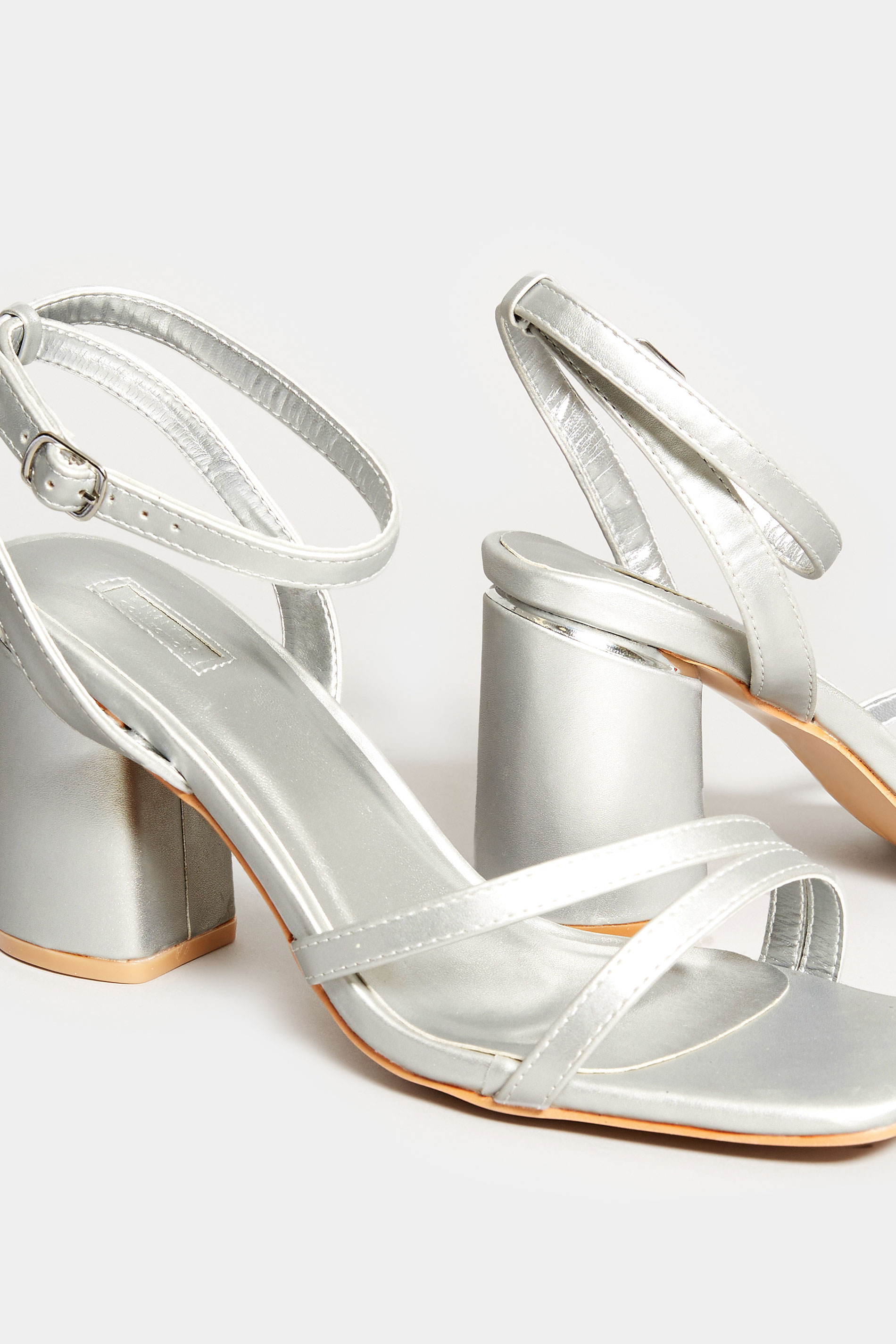 Silver Asymmetrical Block Heel Sandal In Wide E Fit & Extra Fit EEE Fit
