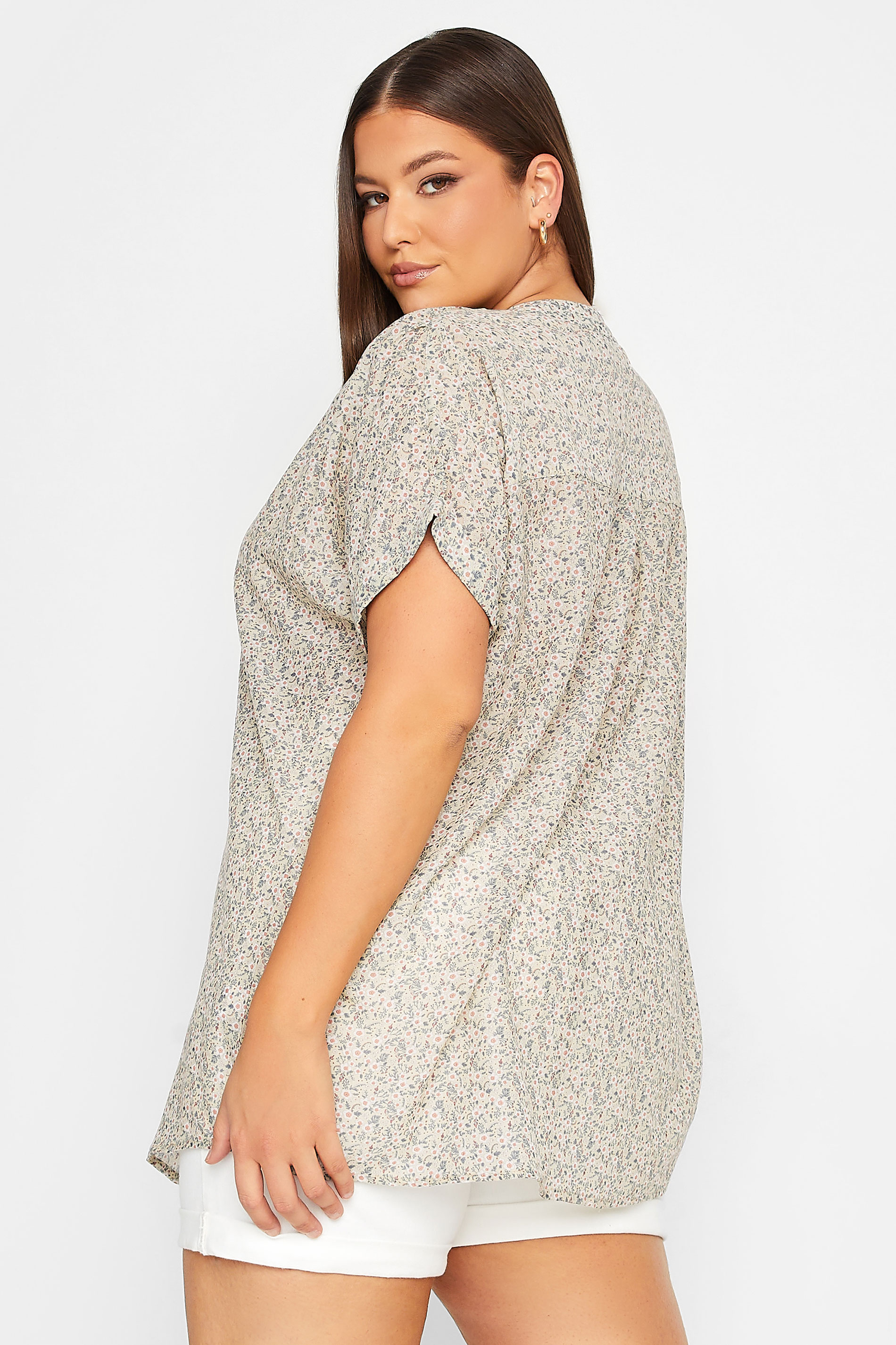 YOURS Plus Size Curve White Ditsy Print Half Placket Shirt | Yours Clothing  3