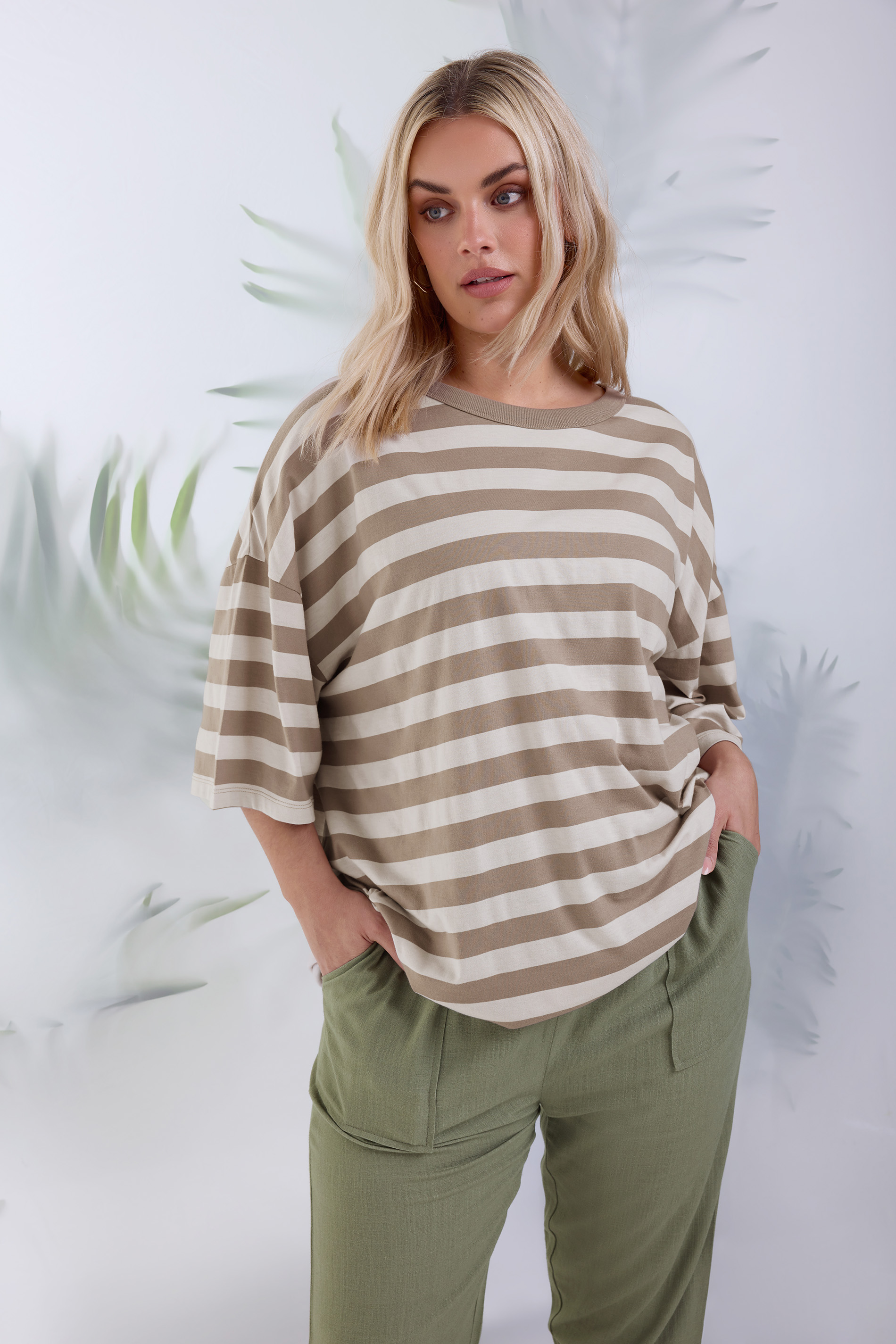 YOURS Plus Size Mocha Brown Stripe Boxy T-Shirt | Yours Clothing 1