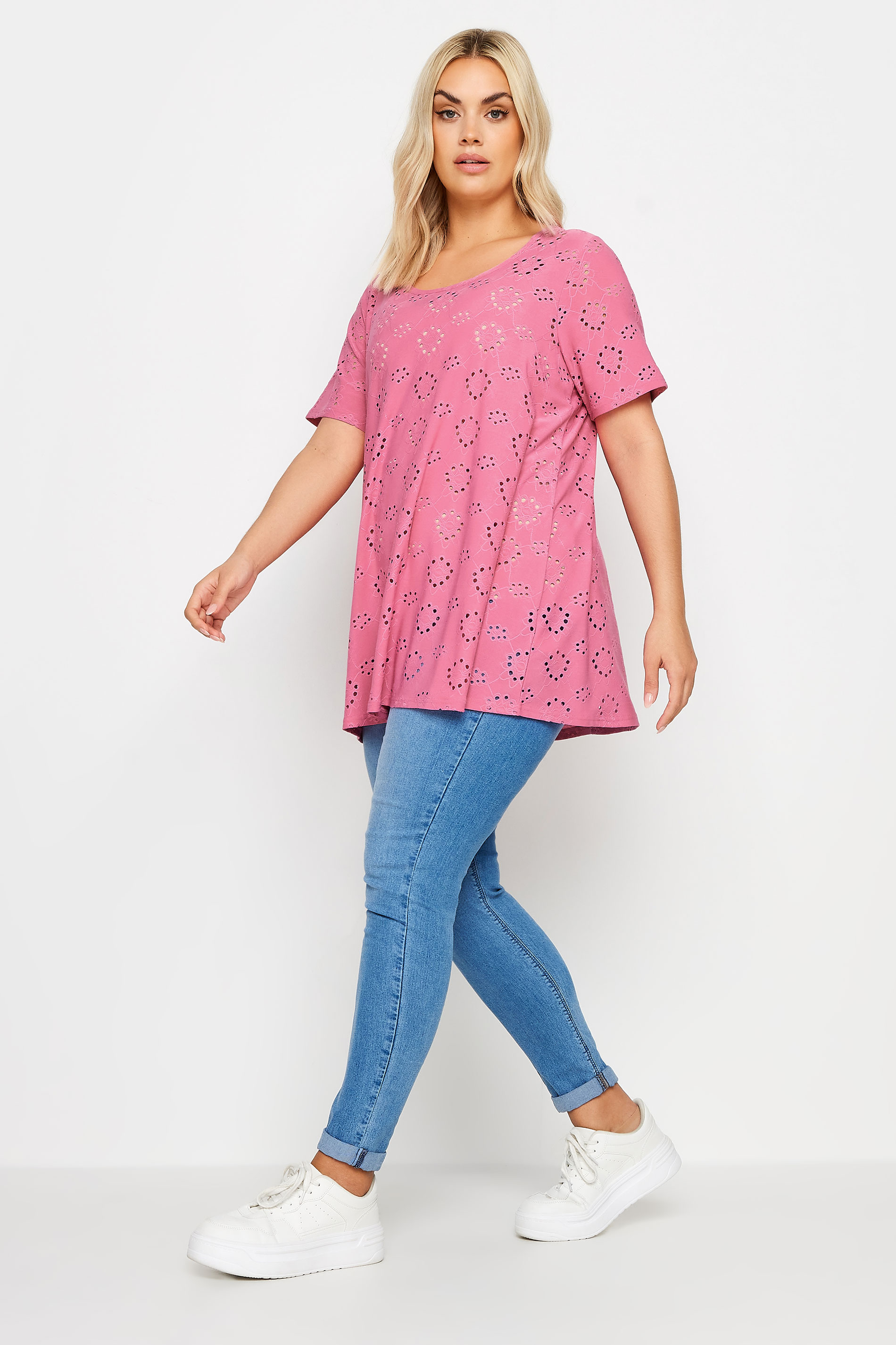 YOURS Plus Size Pink Broderie Anglaise T-Shirt | Yours Clothing 2