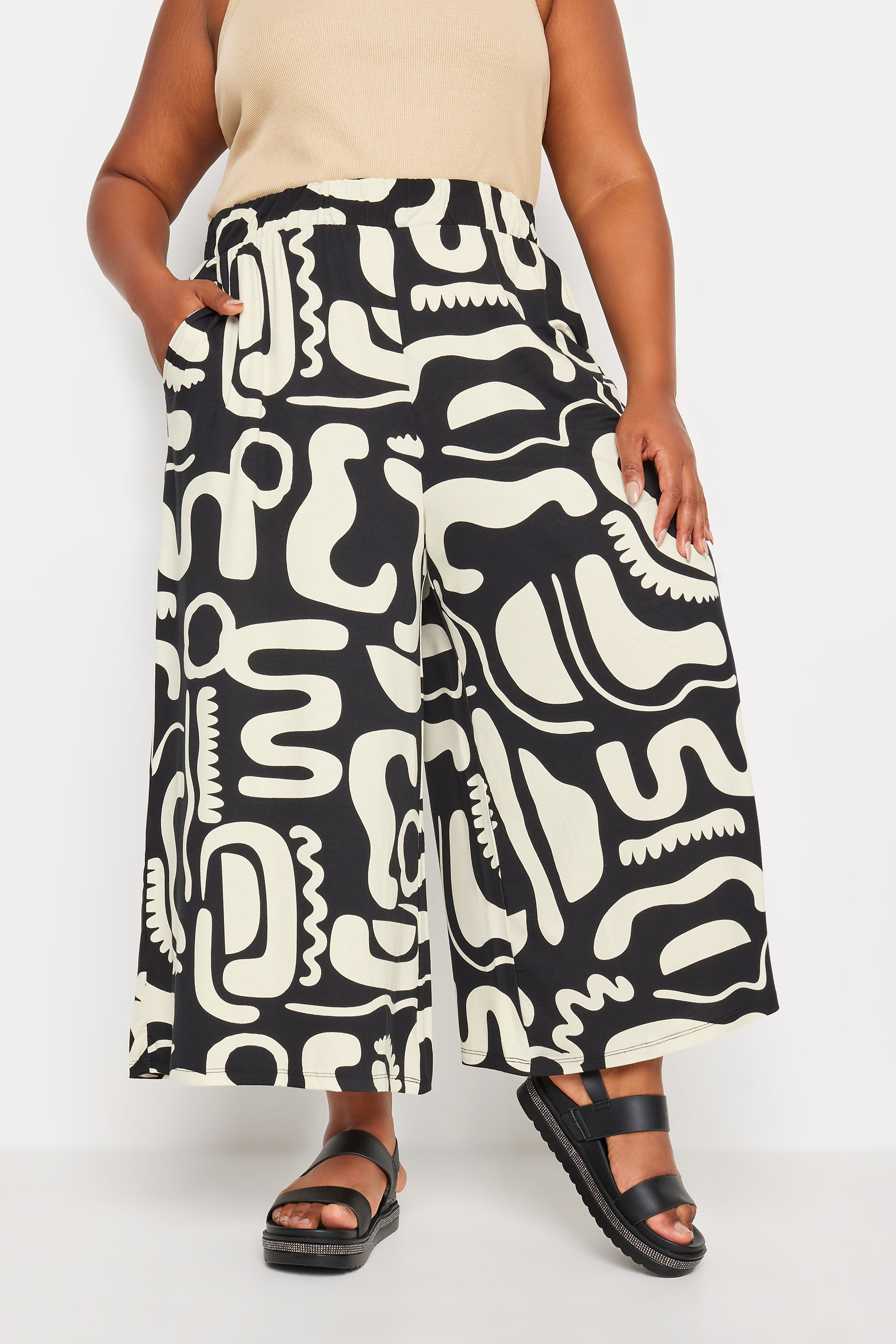 YOURS Plus Size Black & White Abstract Print Midaxi Culottes | Yours Clothing 2