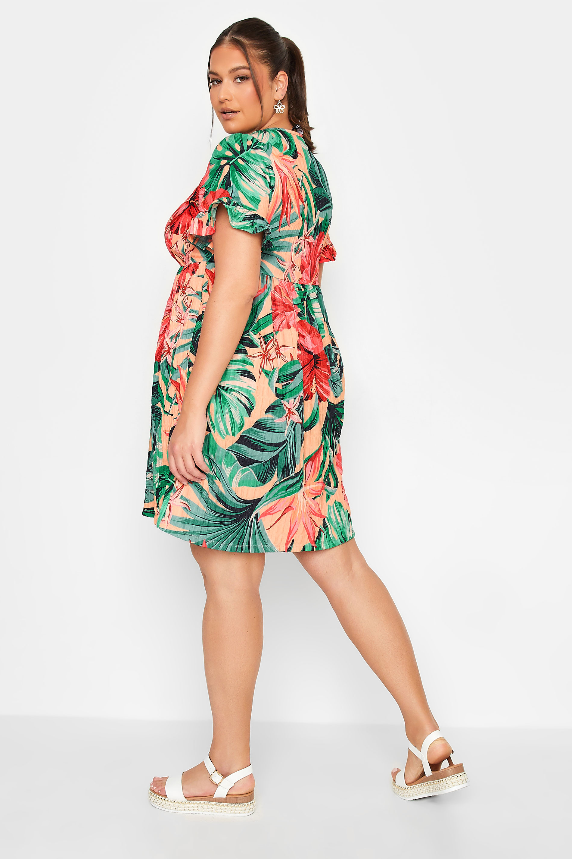 YOURS Curve Plus Size Green & Peach Tropical Floral Print Smock Tunic Dress | Yours Clothing 3