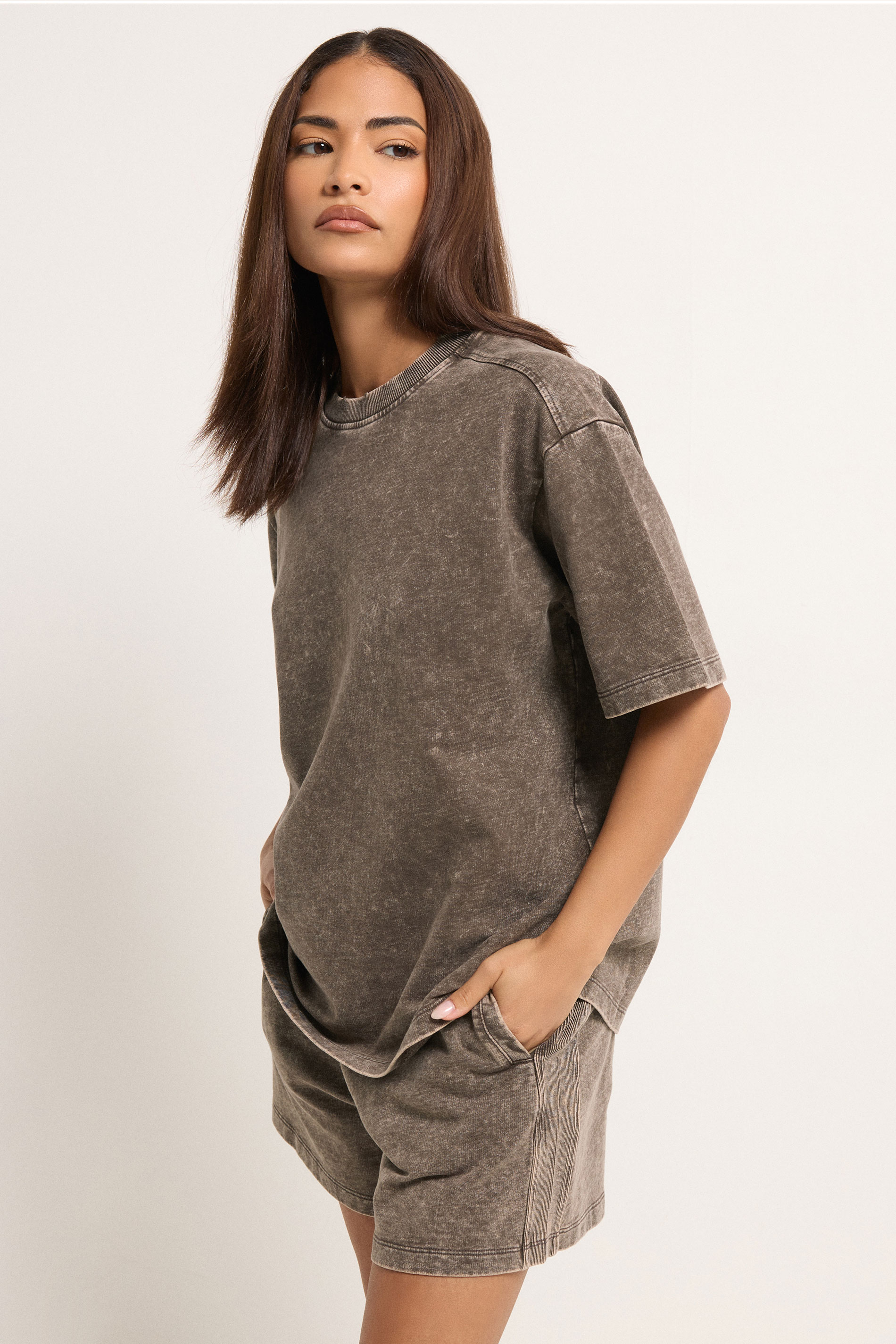 PixieGirl Petite Women's Set Chocolate Brown Acid Wash Cotton T-Shirt & Shorts | PixieGirl 1