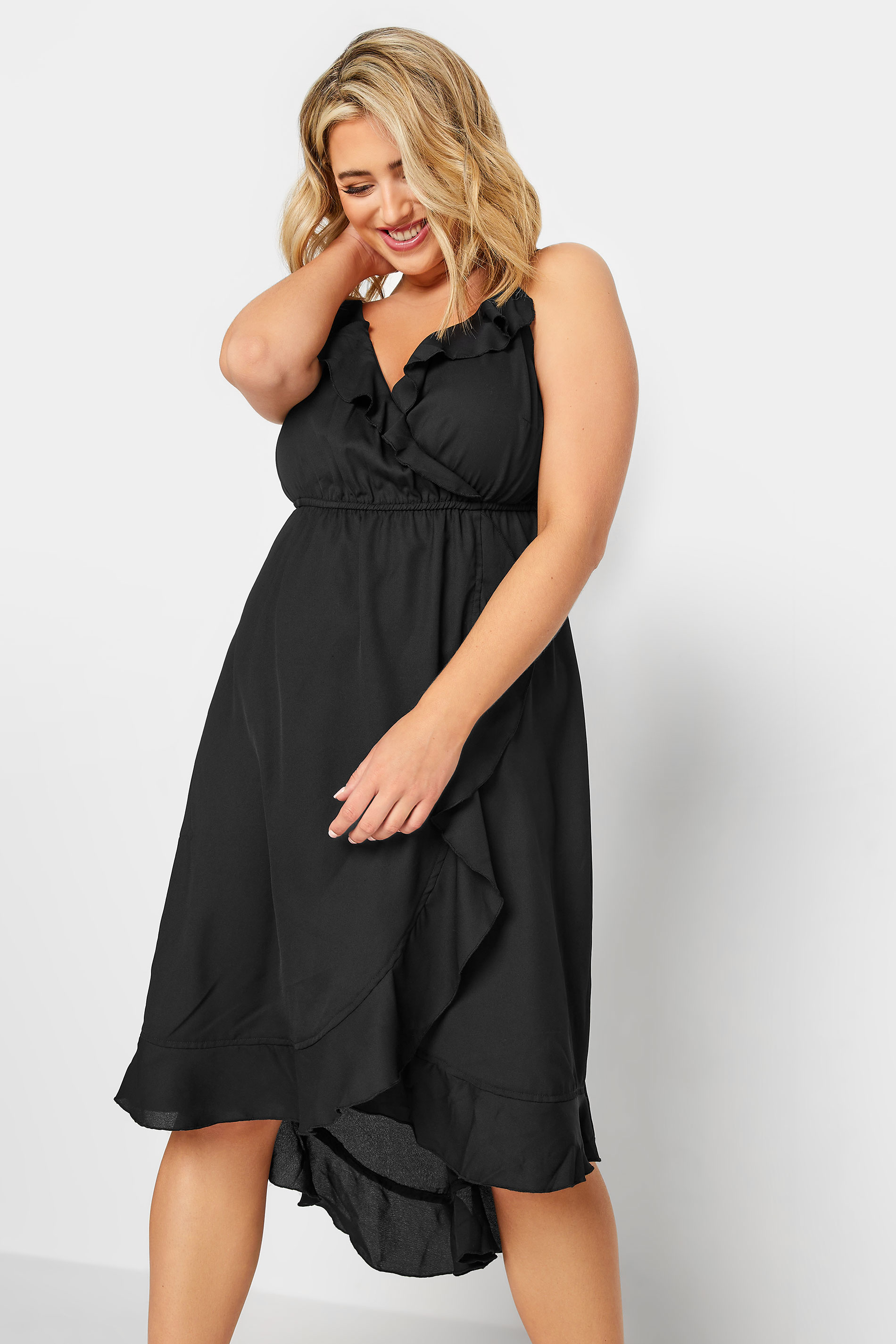 LIMITED COLLECTION Plus Size Black Frill Midaxi Wrap Dress | Yours Clothing  2