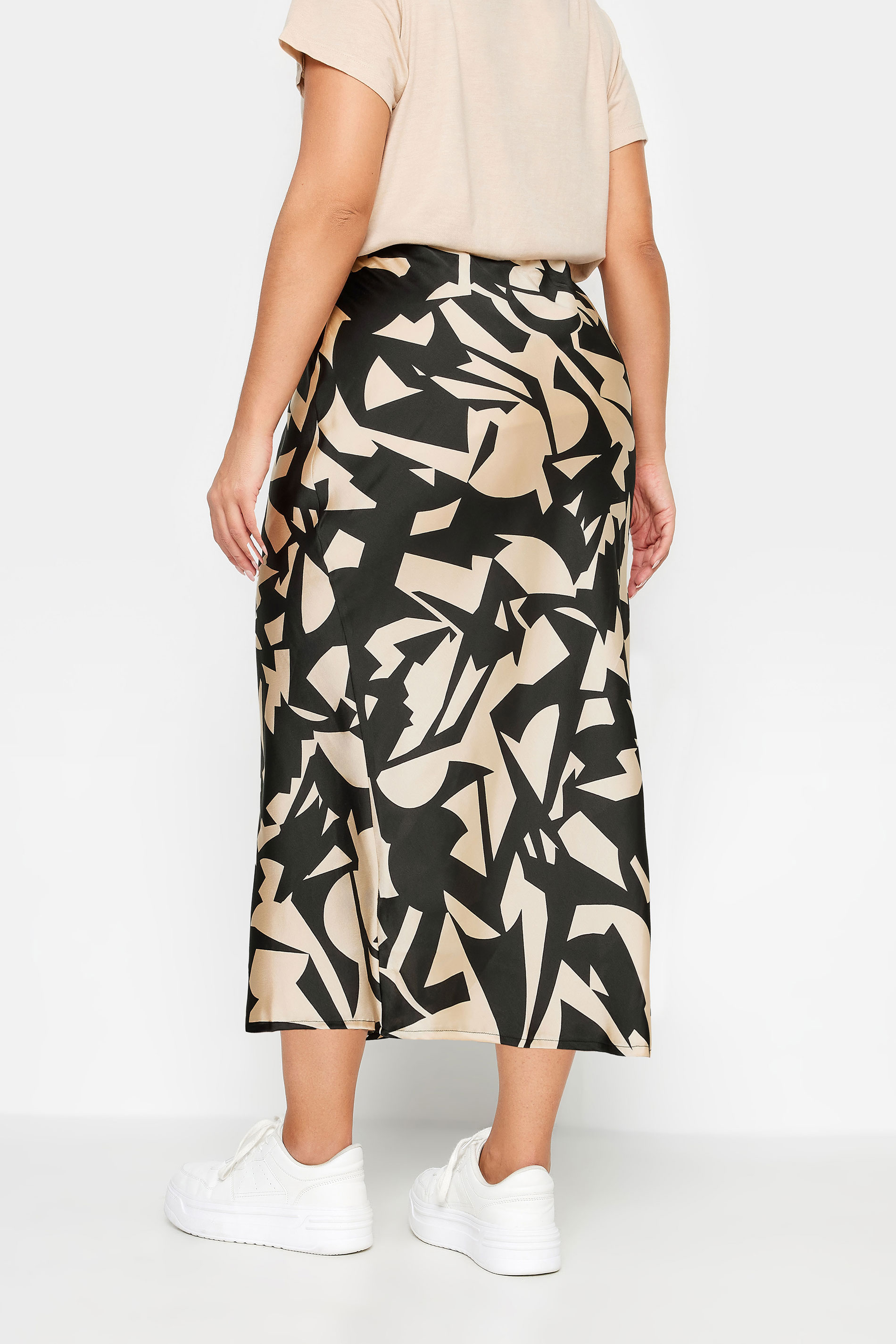 YOURS Plus Size Black & Beige Brown Abstract Print Satin Midi Skirt | Yours Clothing  3