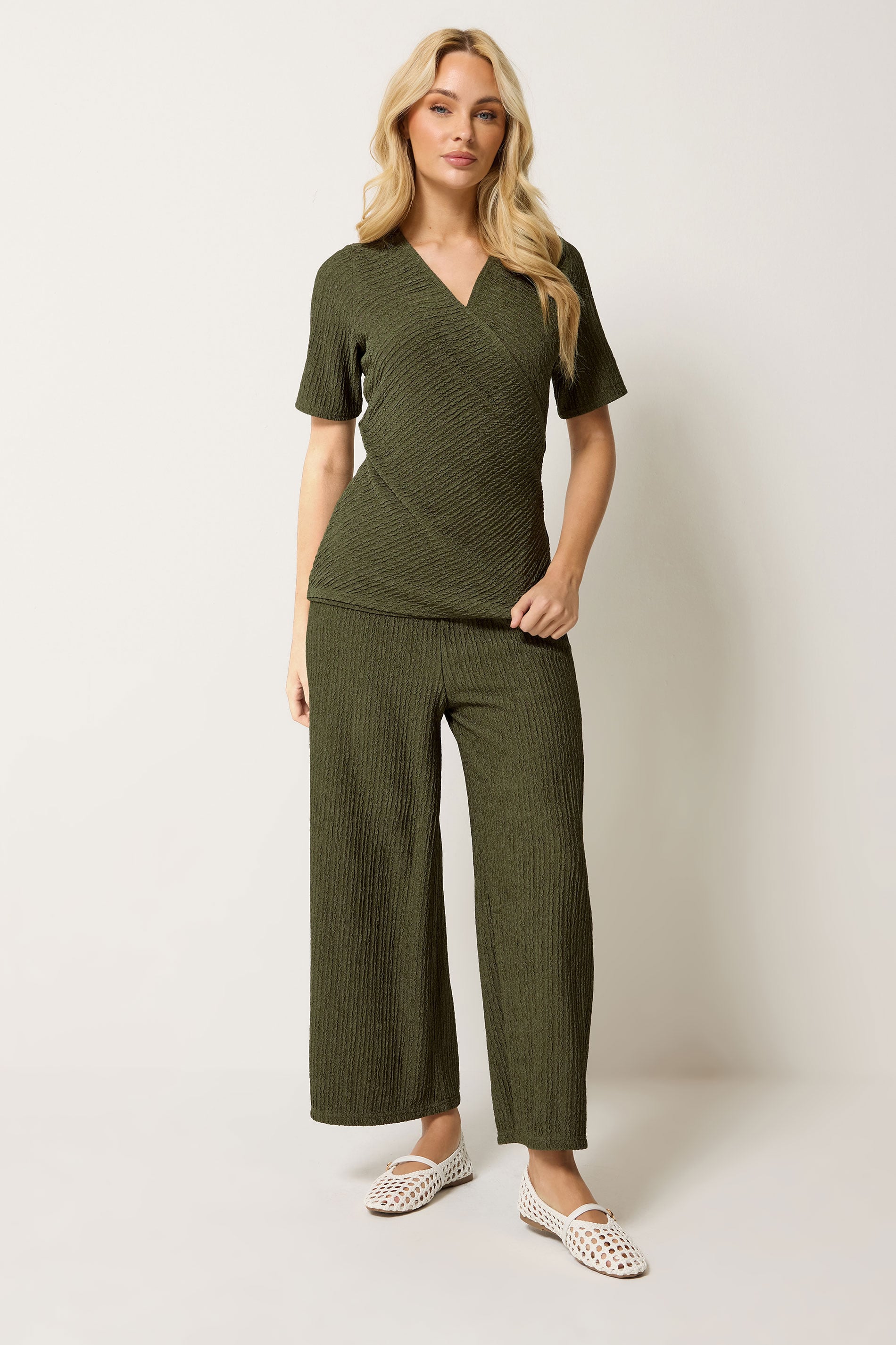 M&Co Khaki Green Textured Wrap Top | M&Co 1