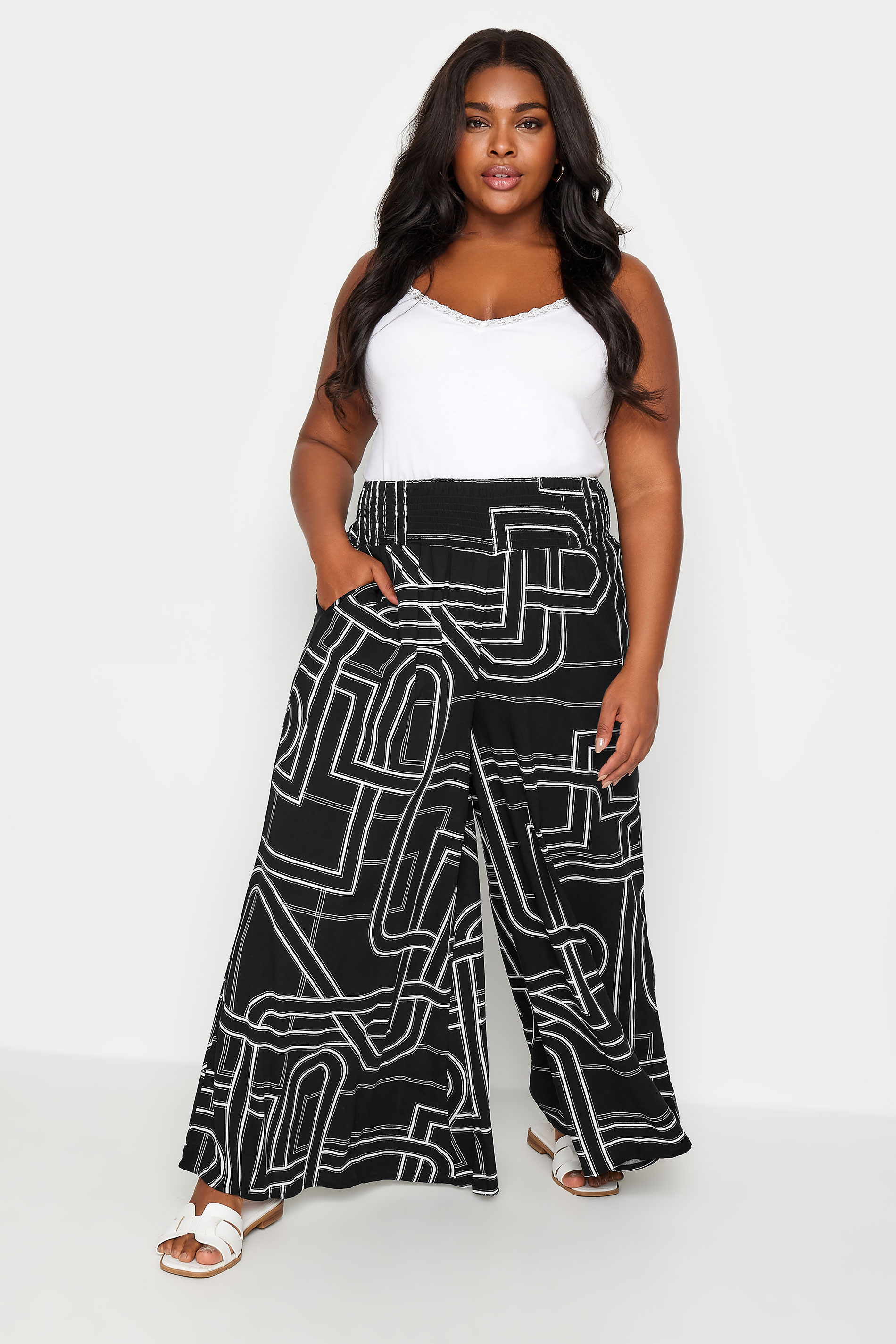 YOURS Plus Size Black Abstract Print Shirred Wide Leg Trousers | Yours Clothing 3