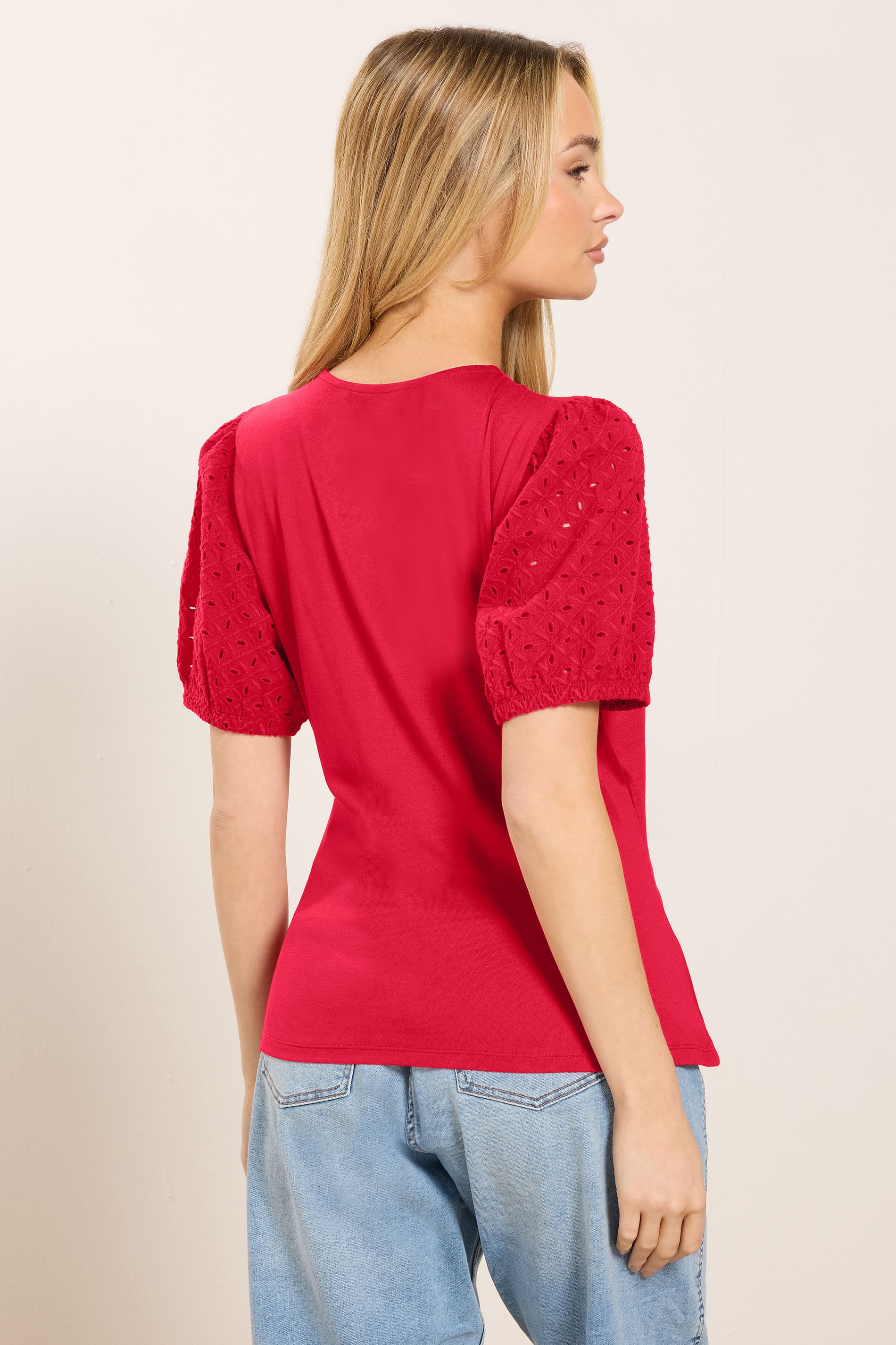 M&Co Red Broderie Sleeve Cotton Wrap Top | M&Co 2