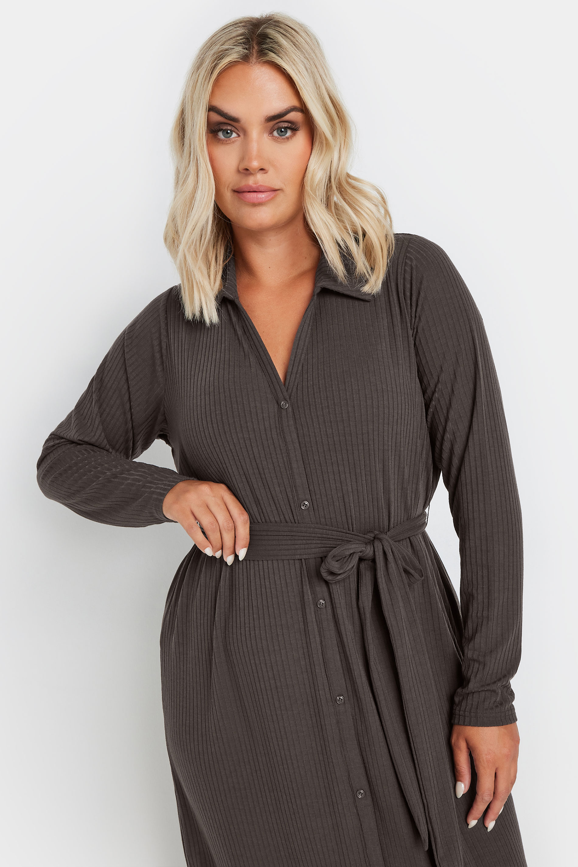 YOURS Plus Size Chocolate Brown Button Front Ribbed Tie Waist Midi ...