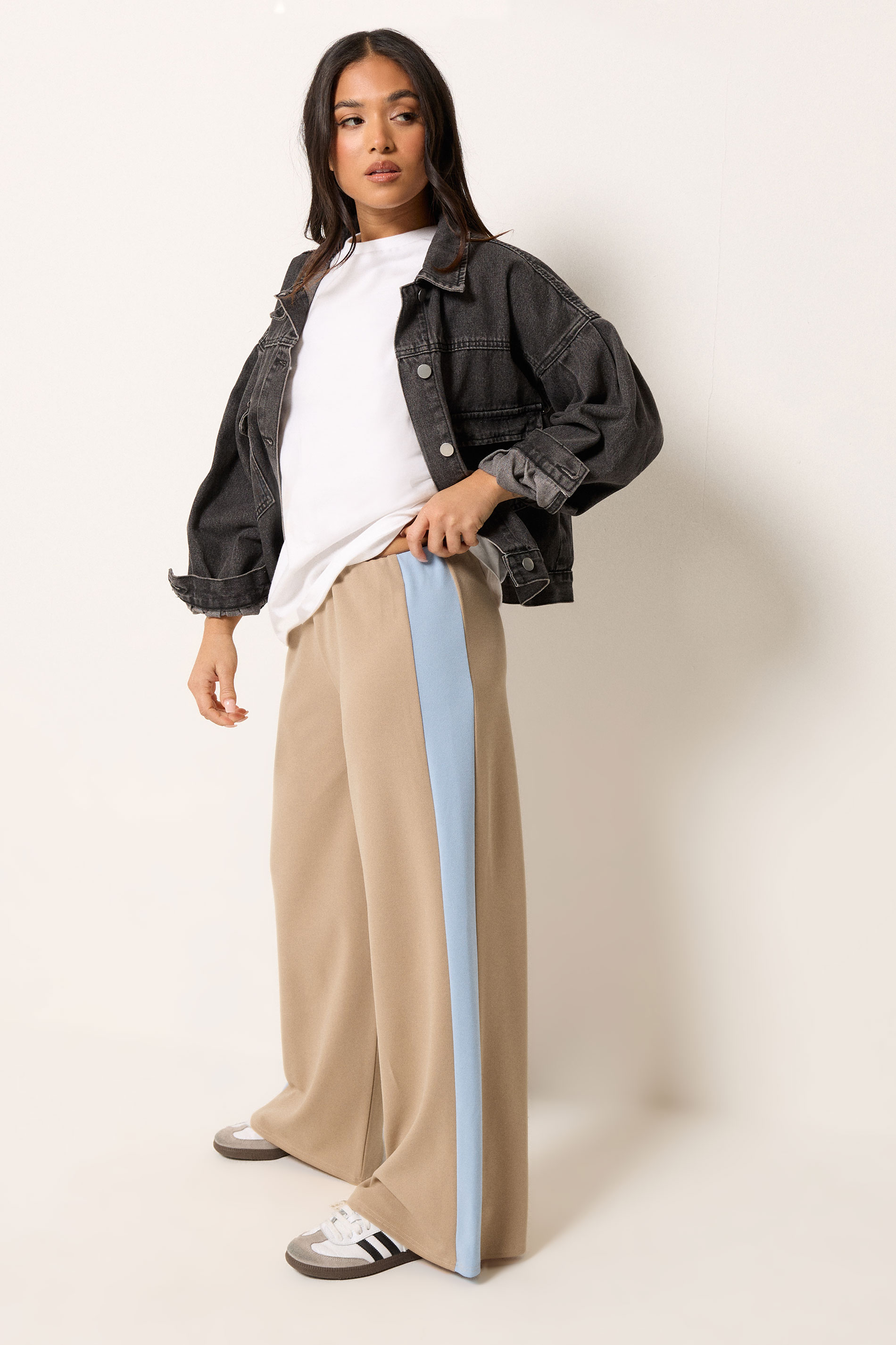 PixieGirl Petite Women's Natural Brown Side Stripe Scuba Wide Leg Trousers | PixieGirl 3