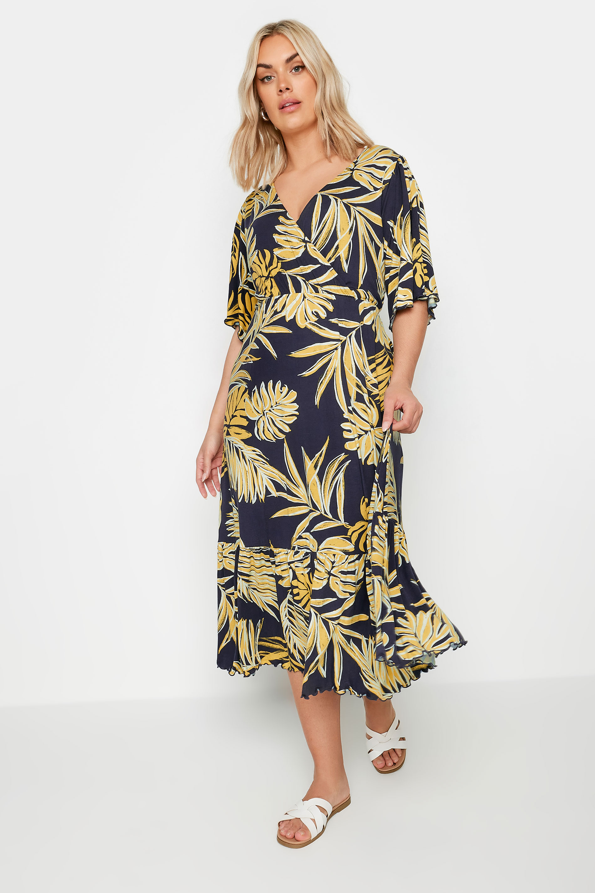 YOURS Plus Size Navy Blue Leaf Print Midi Dress | Yours Clothing 2