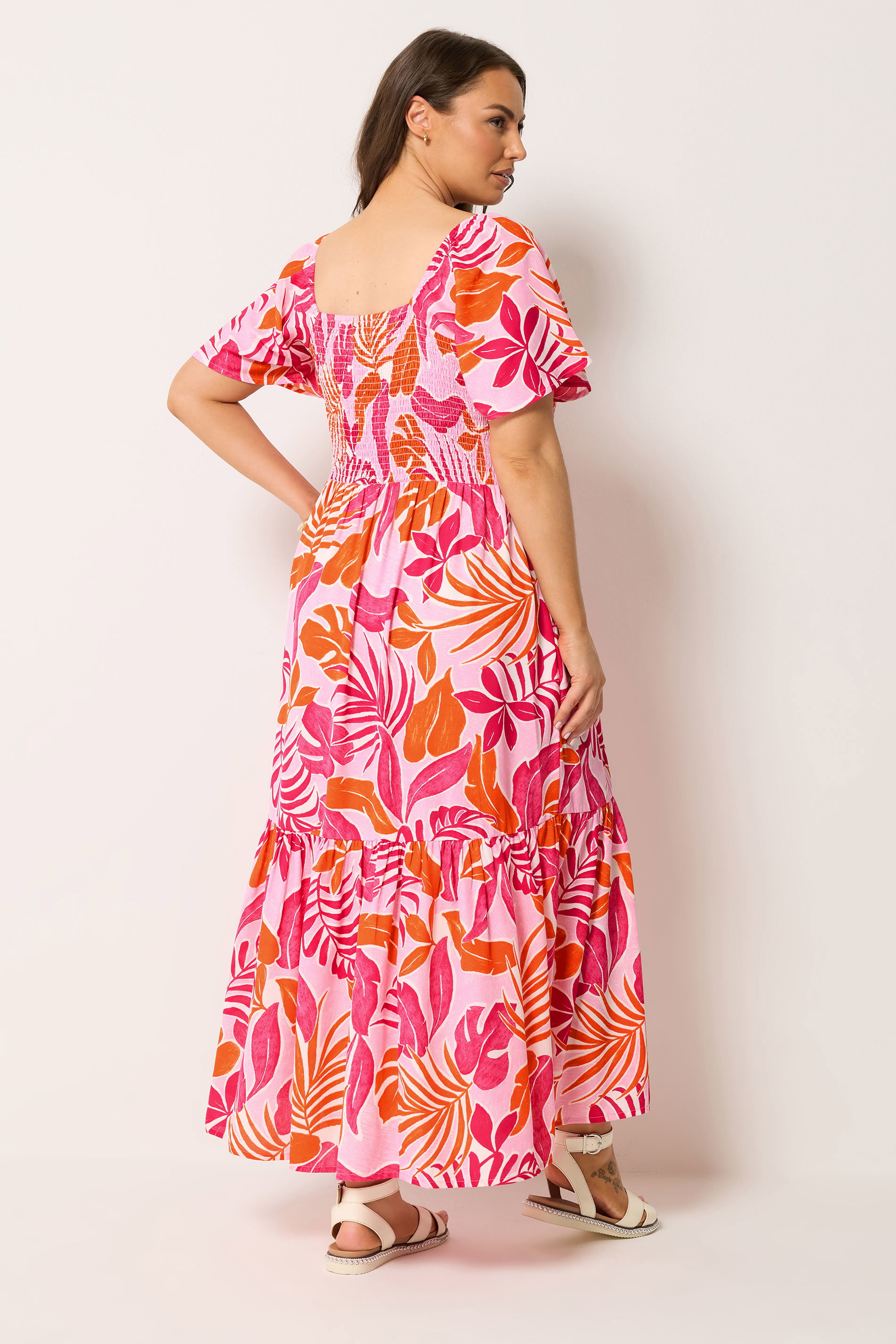 YOURS Plus Size Pink Palm Leaf Shirred Maxi Dress | Yours Clothing 2