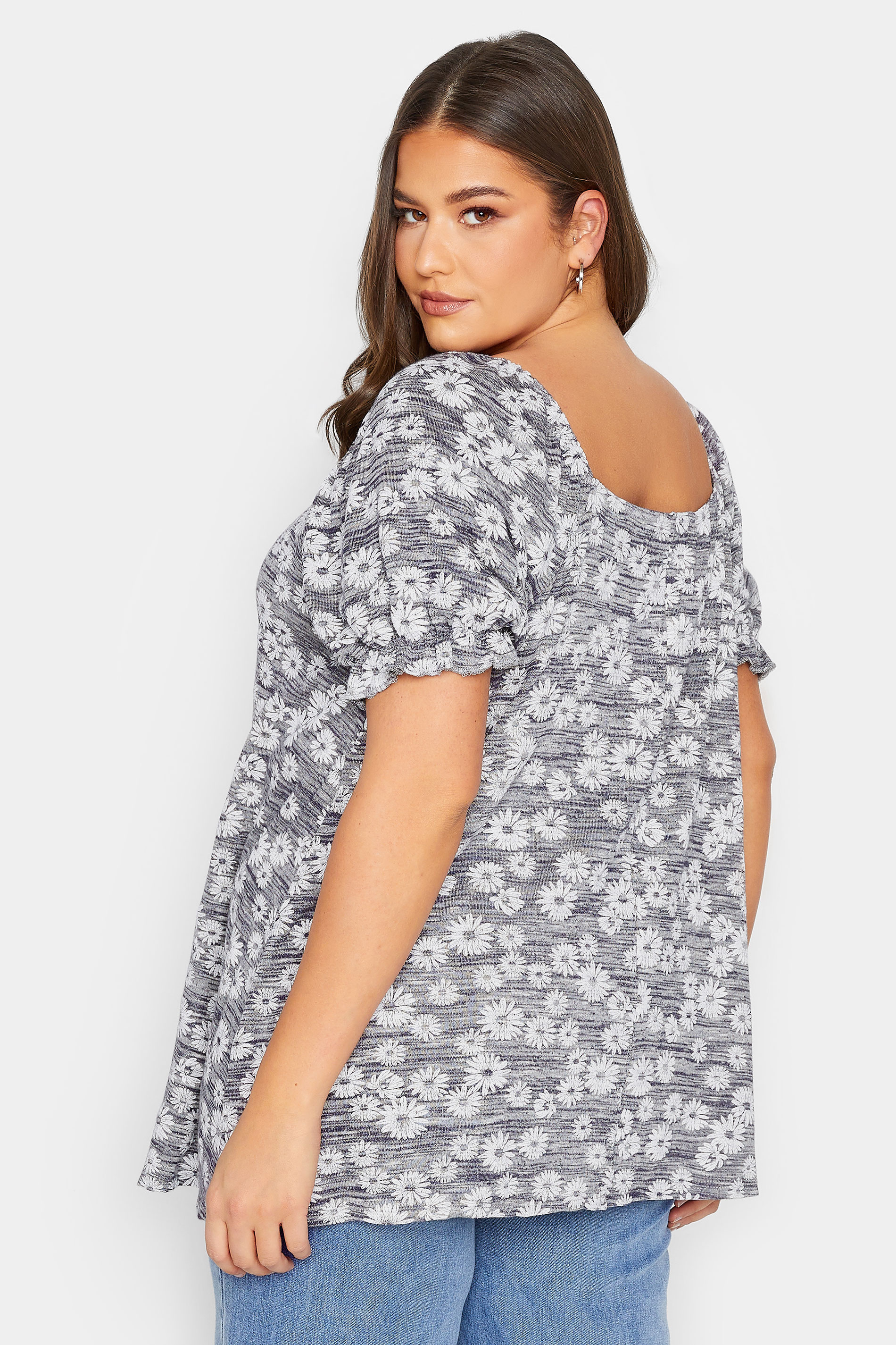 YOURS Plus Size Grey Marl Ditsy Floral Top | Yours Clothing 3