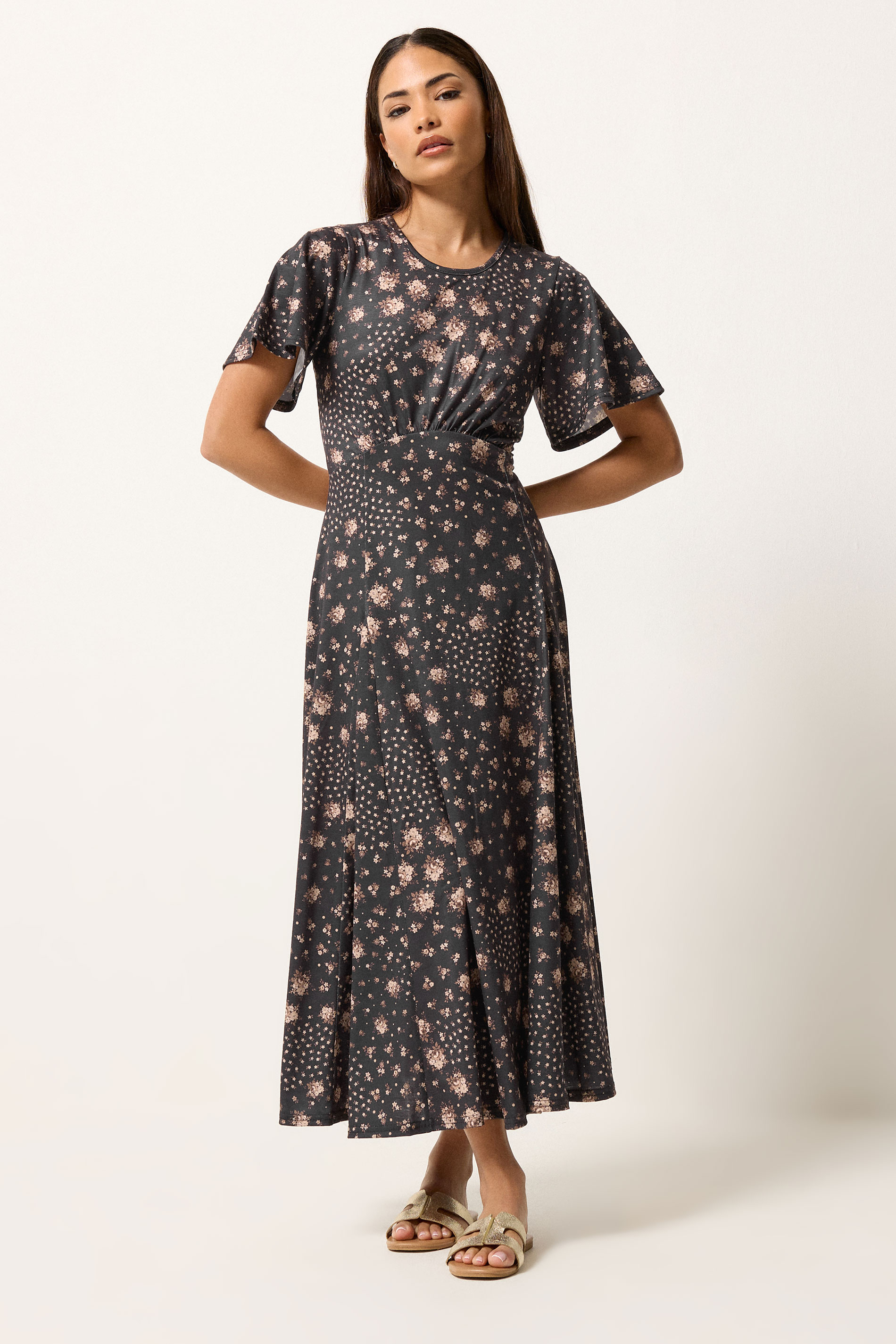 PixieGirl Petite Women's Brown Patchwork Midi Dress | PixieGirl 3