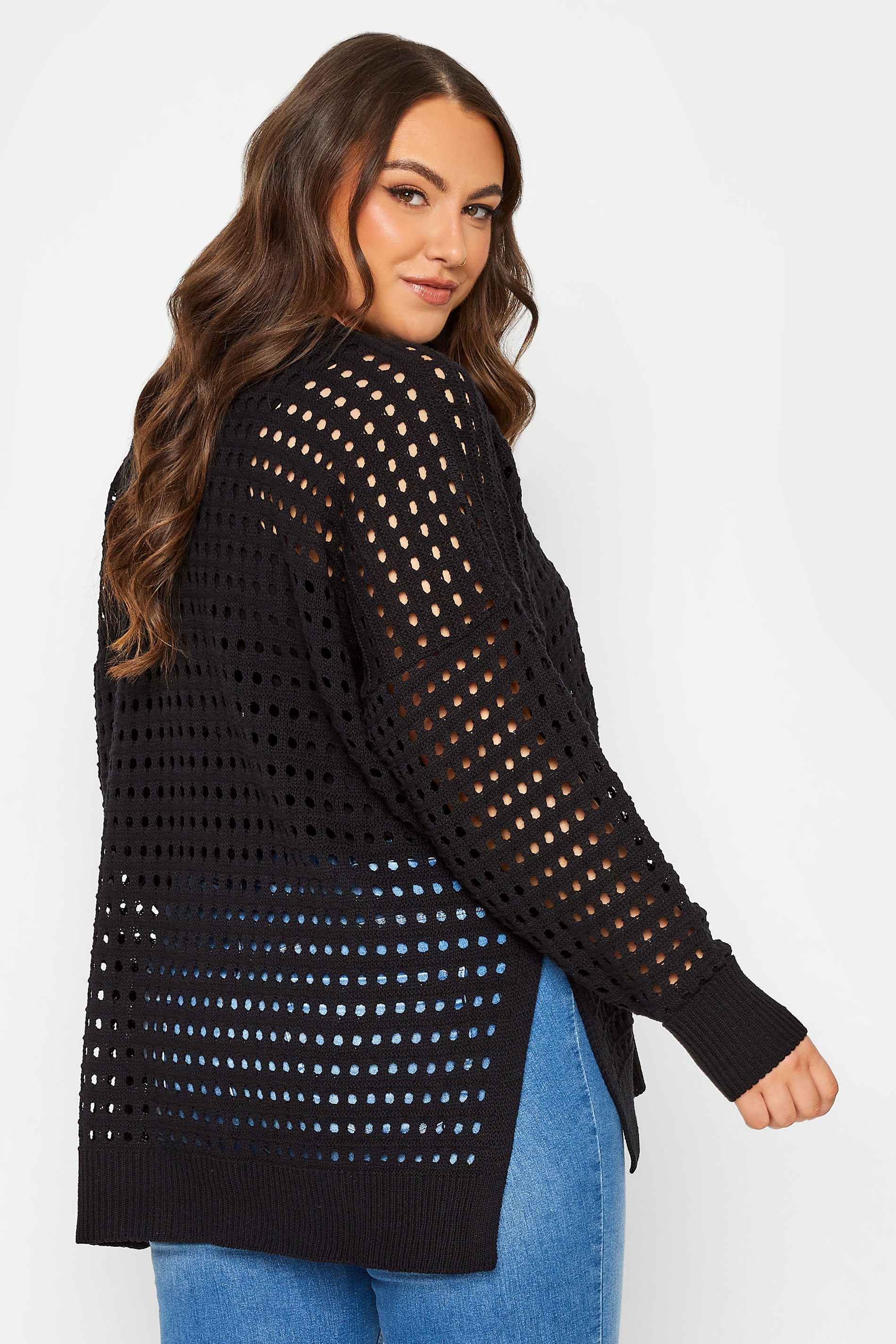 YOURS Plus Size Black Side Split Crochet Jumper | Yours Clothing 3