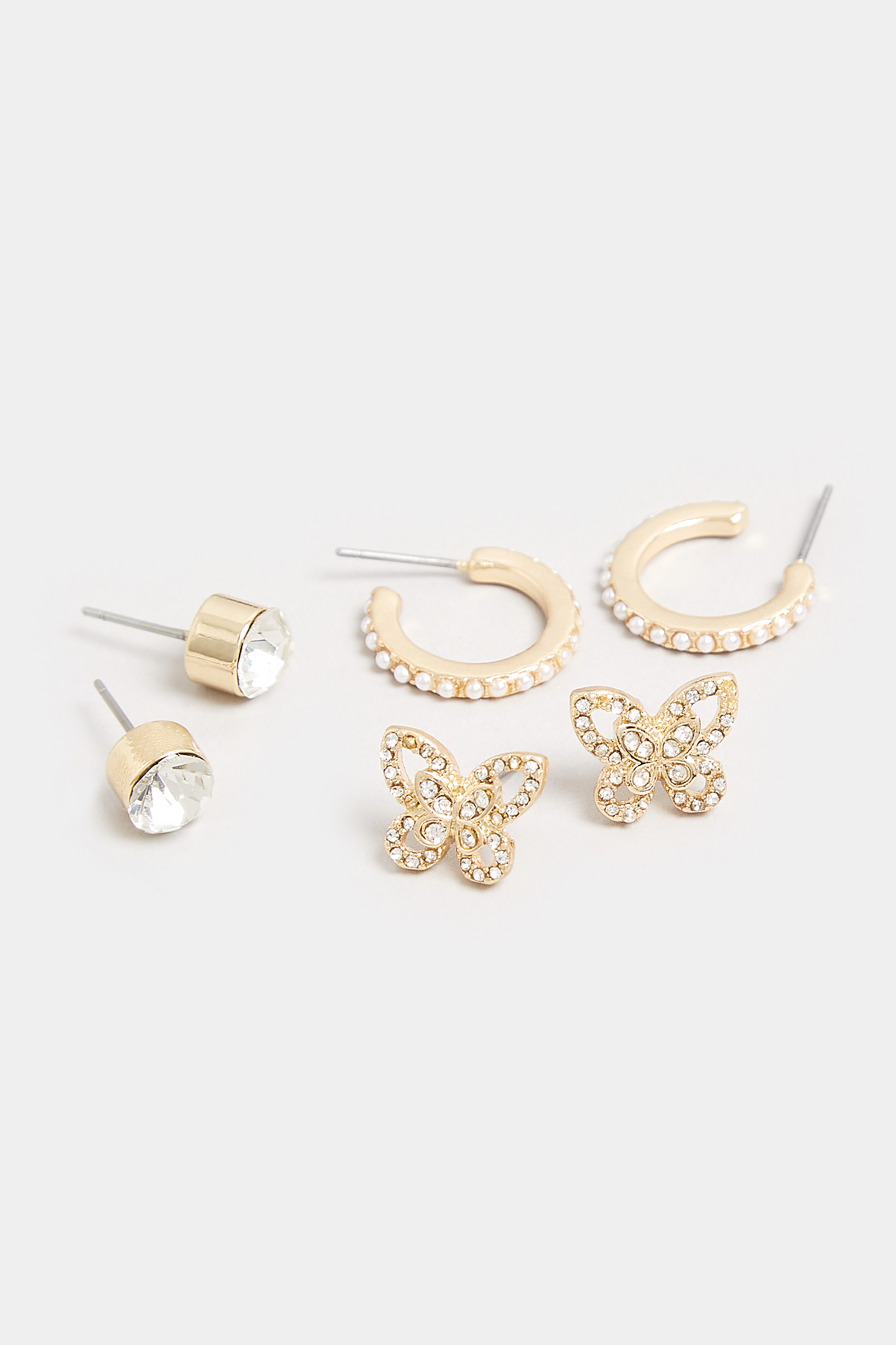 3 PACK Gold Butterfly Stud & Hoop Earrings Set | Yours Clothing  3