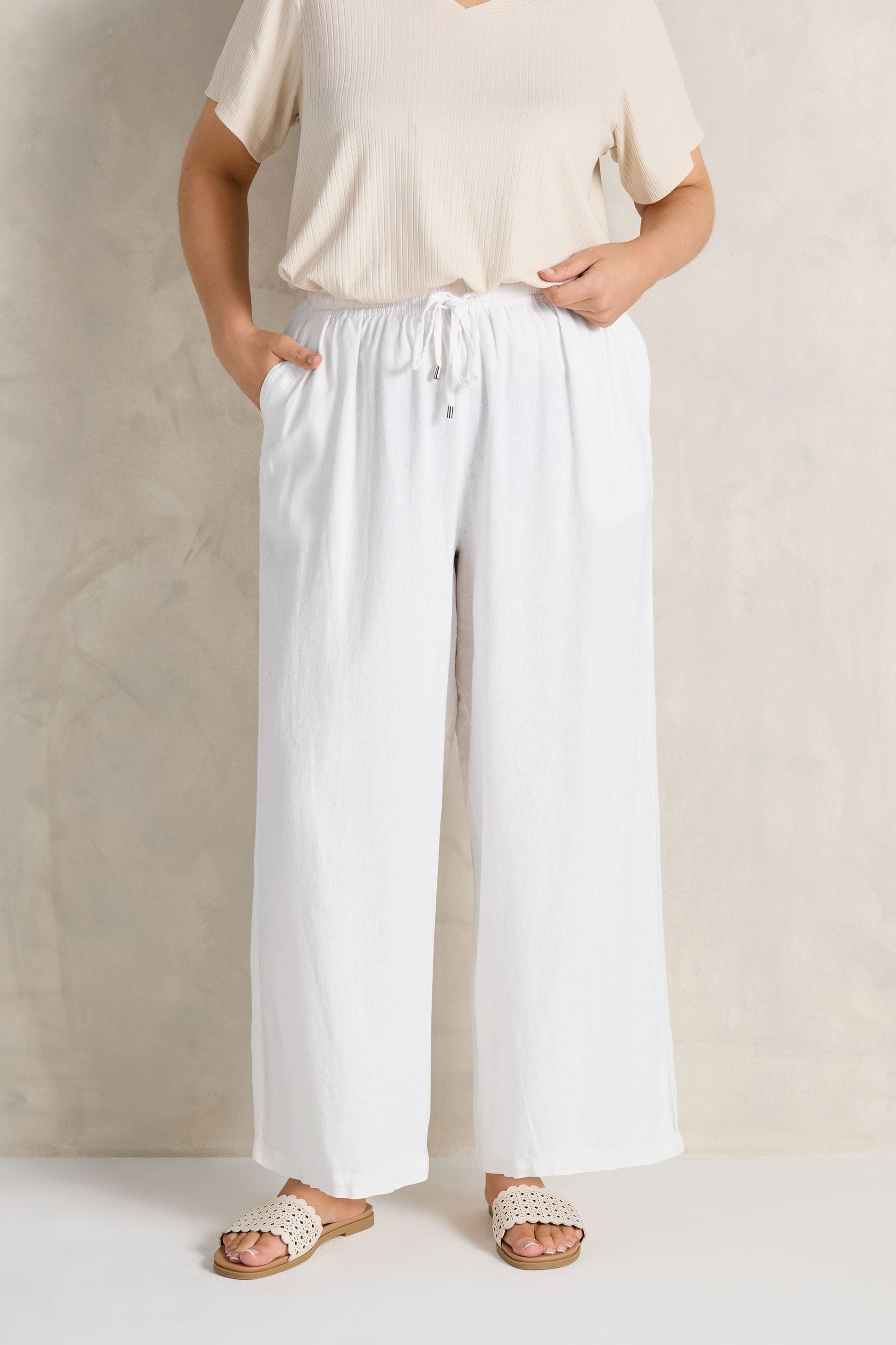 EVANS Plus Size White Wide Leg Premium Linen Trousers | Evans 1