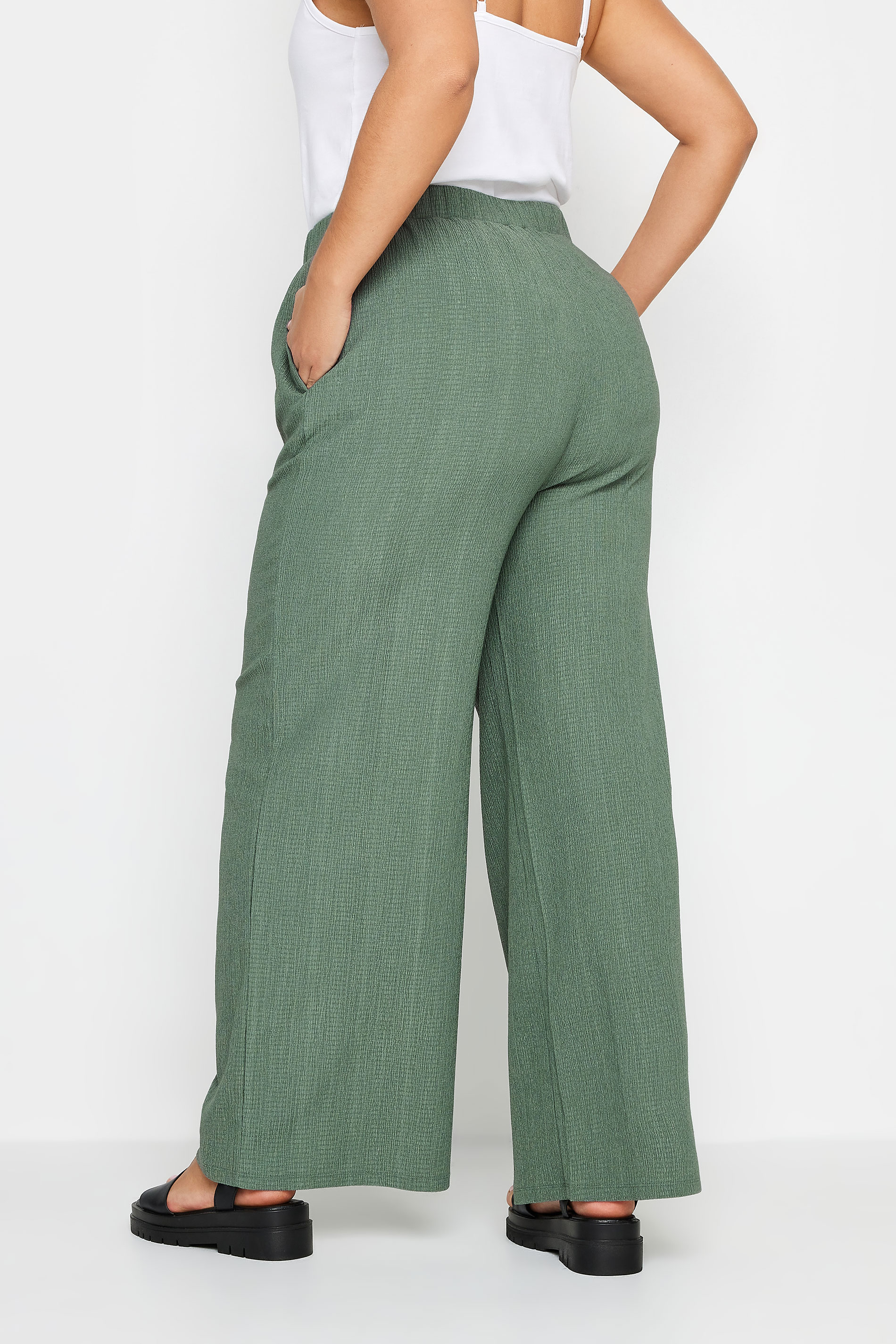 YOURS Plus Size Khaki Green Textured Wide Leg Trousers | Yours Clothing 3