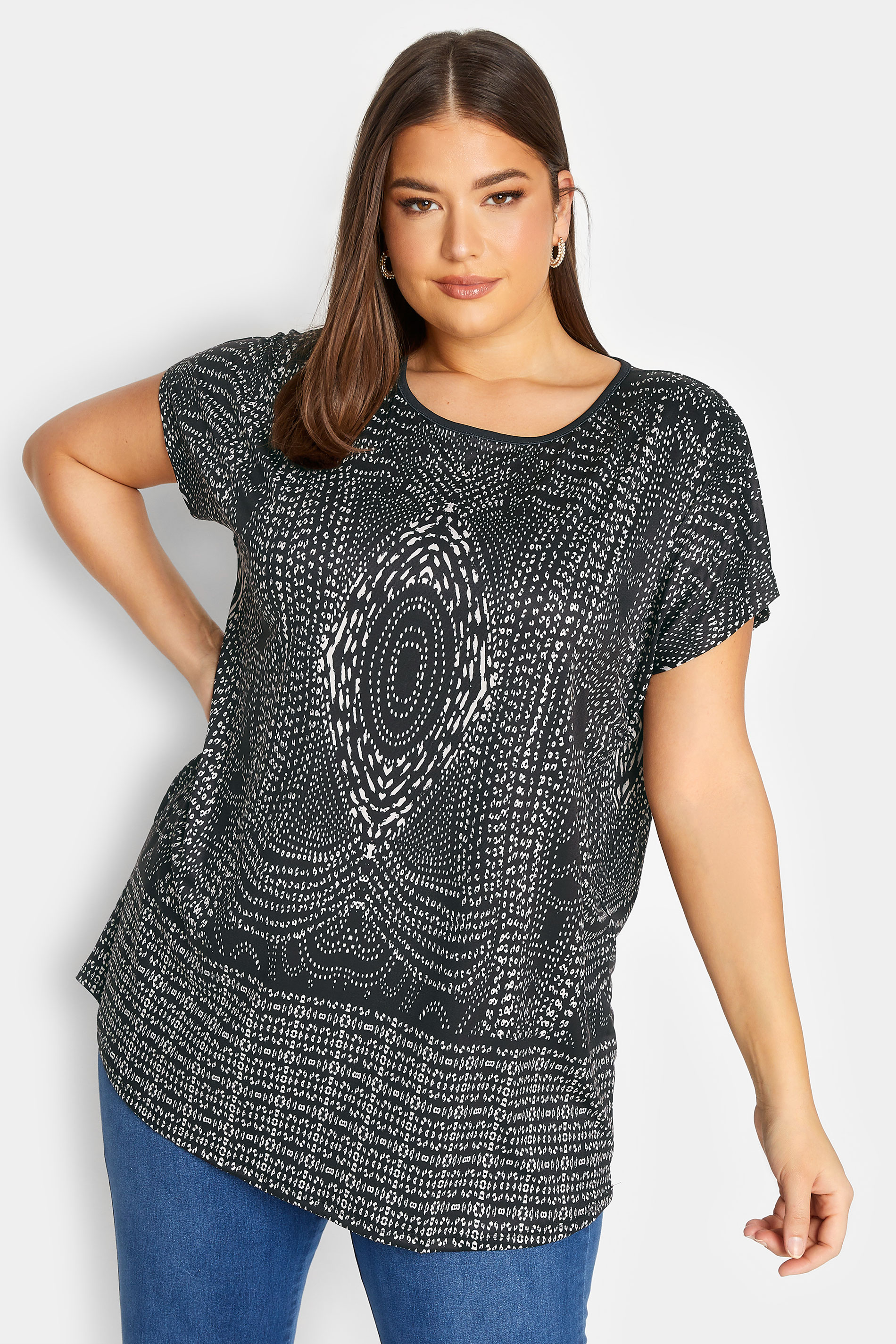 Plus Size Black Aztec Back Tie T-Shirt | Yours Clothing 1