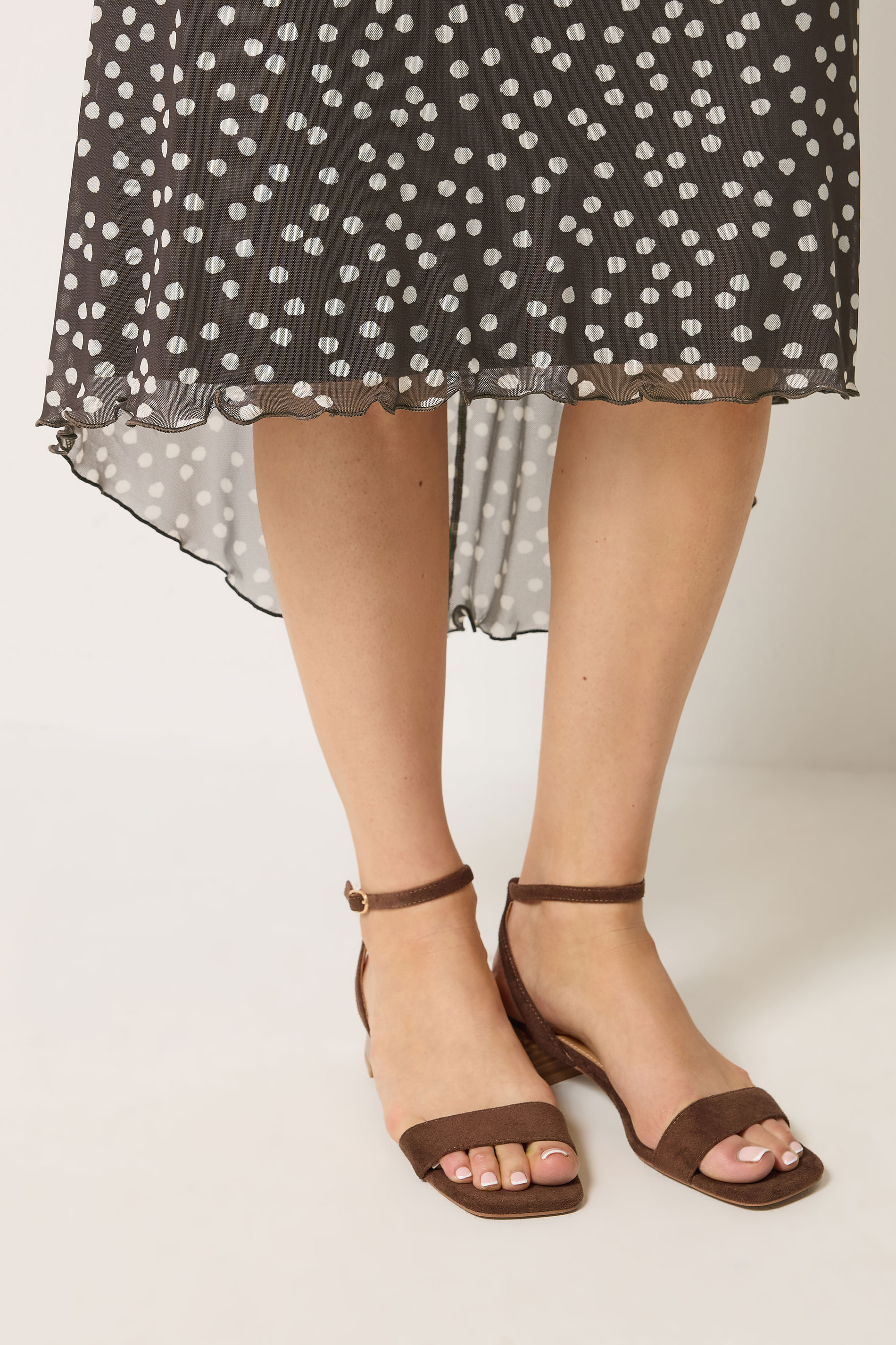 LTS Tall Women's Chocolate Brown Polka Dot Dipped Hem Mesh Midi Skirt | Long Tall Sally 6