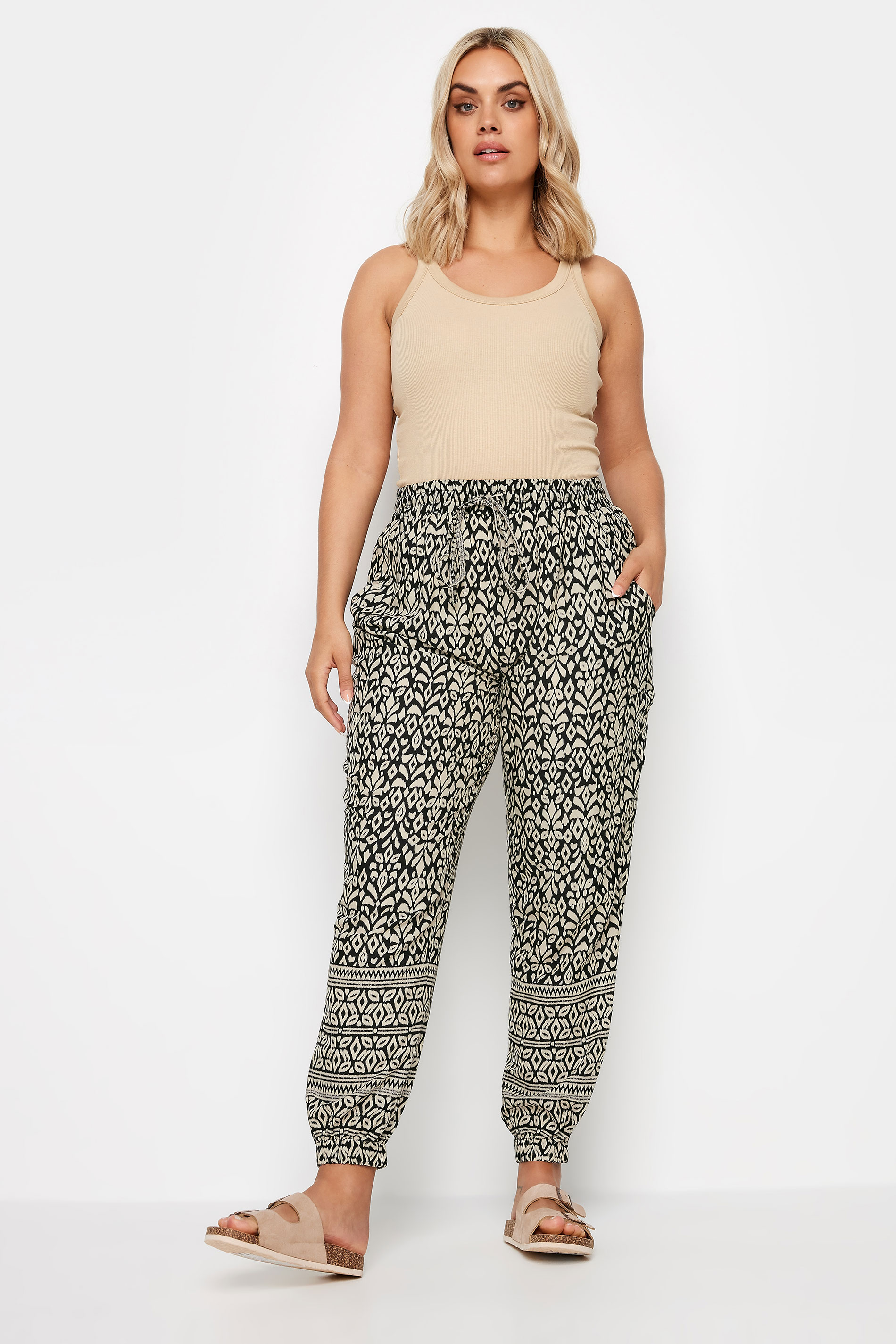 YOURS Plus Size Black Ikat Print Joggers | Yours Clothing 2