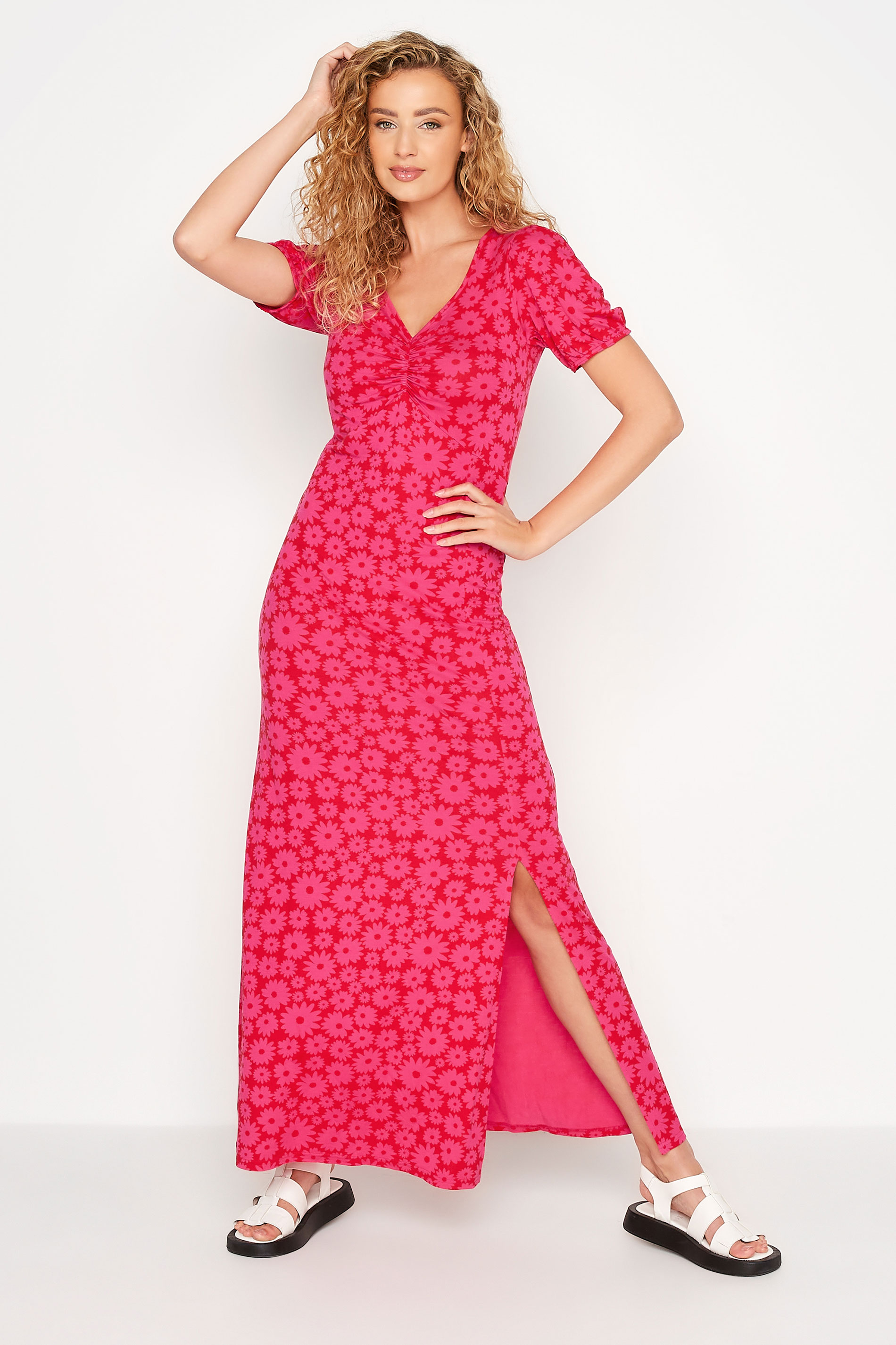 LTS Tall Women's Hot Pink Floral Print Ruched Maxi Dress | Long Tall Sally 1