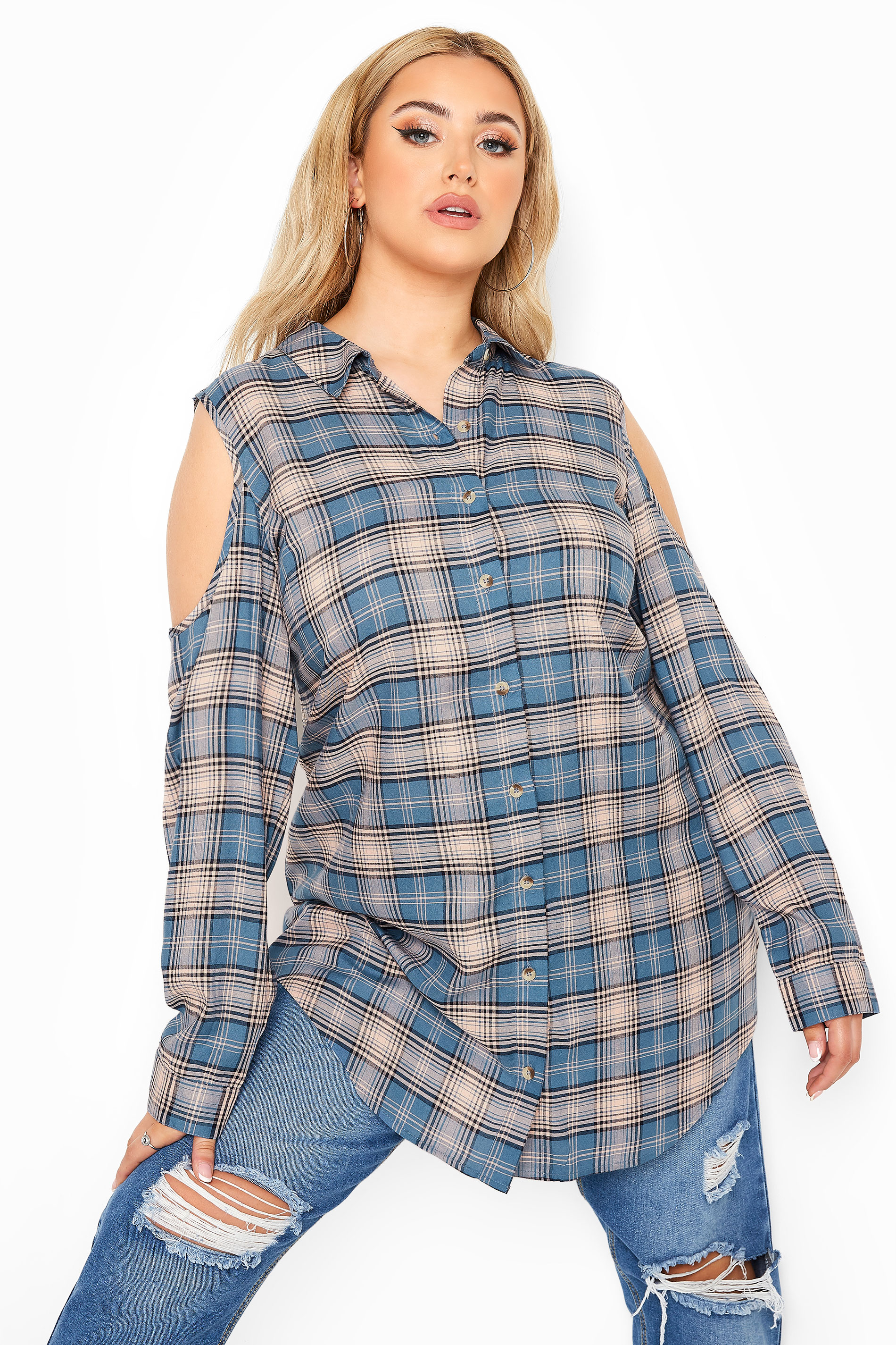 LIMITED COLLECTION Blue Check Cold Shoulder Shirt | Yours Clothing