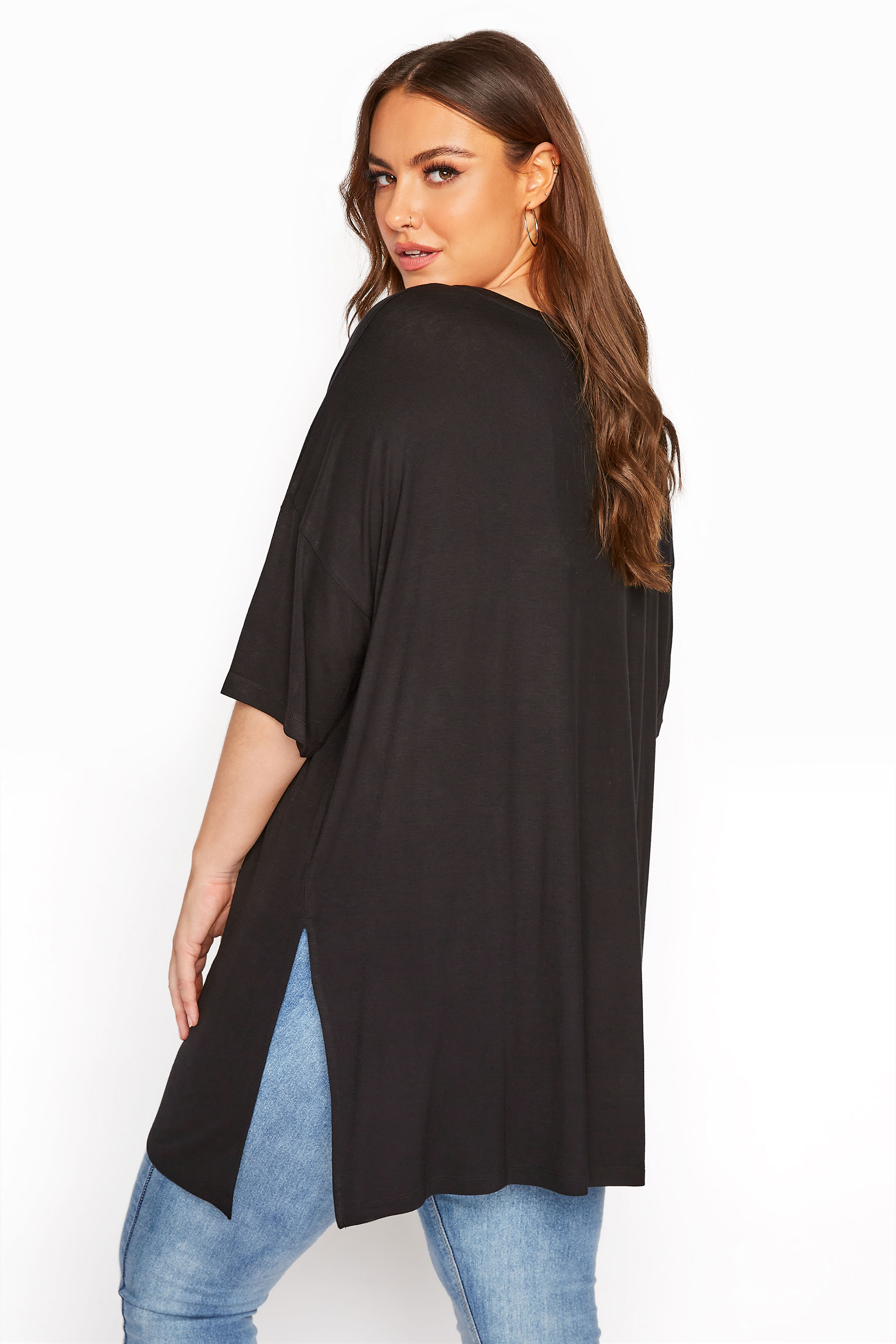 Grande taille  Tops Grande taille  Tops Casual | T-Shirt Noir Long Oversize - RJ51903
