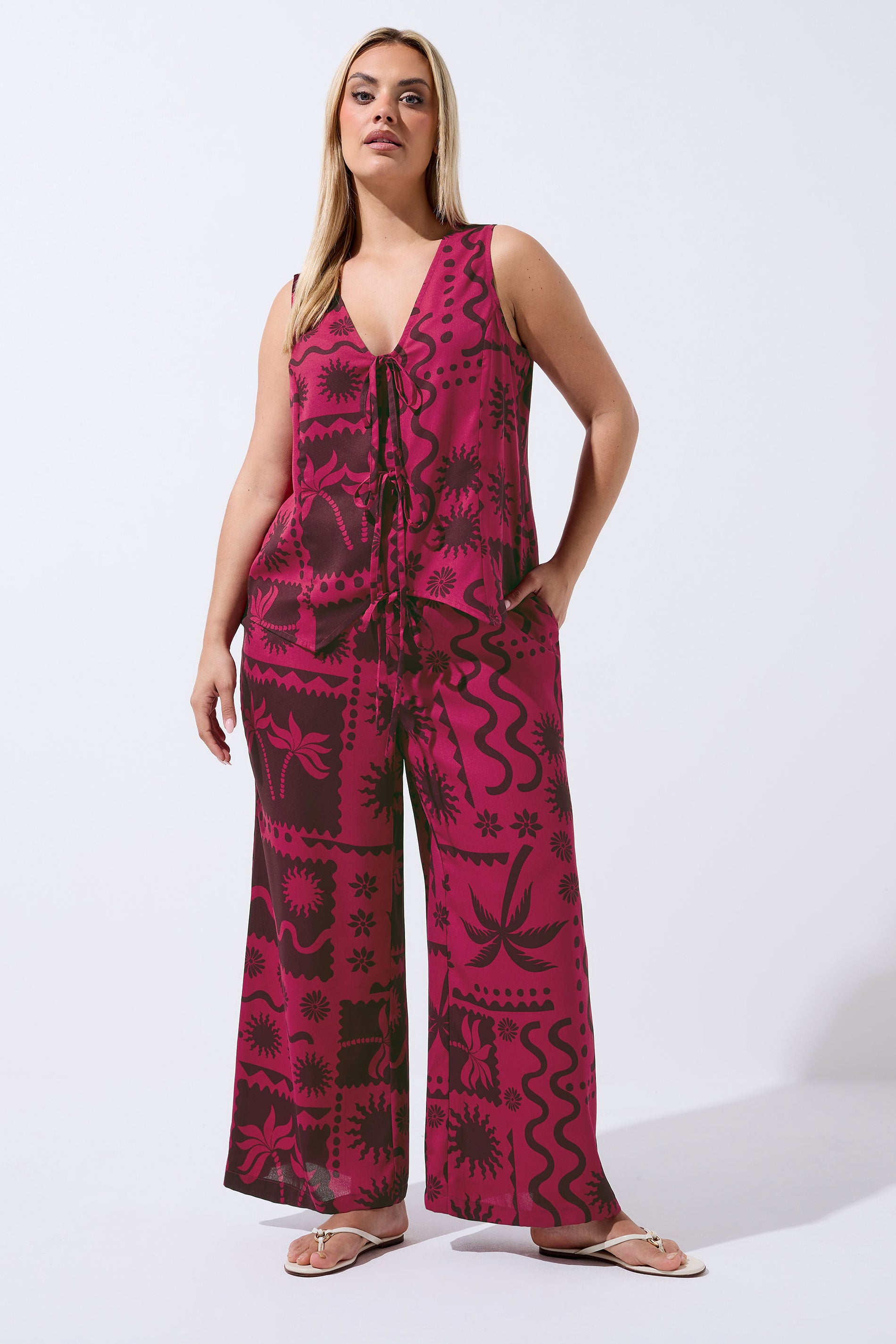 LIMITED COLLECITON Plus Size Berry Red Summer Print Wide Leg Trousers | Yours Clothing 3