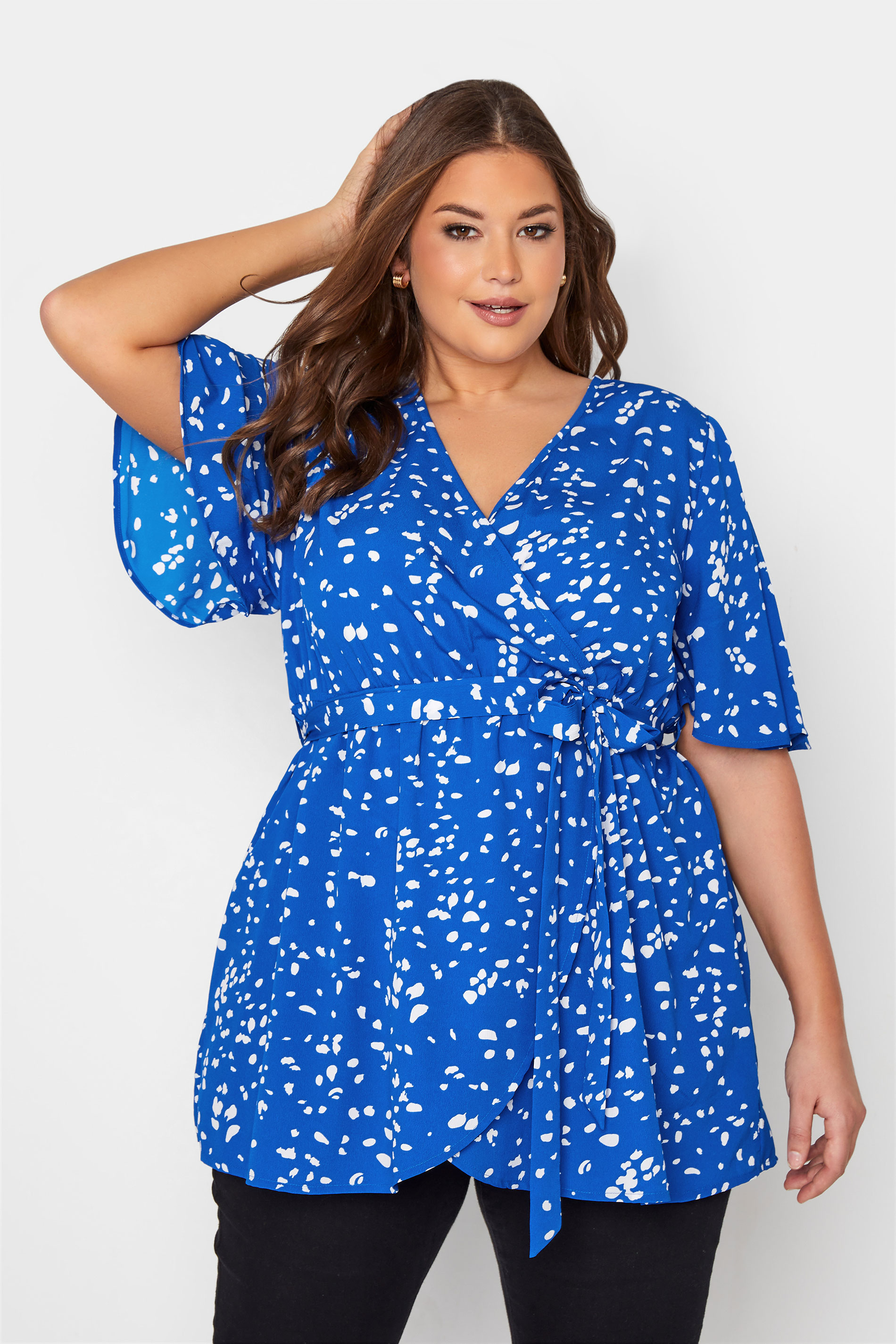 Plus Size Bright Blue Dalmatian Print Wrap Top | Yours Clothing 1