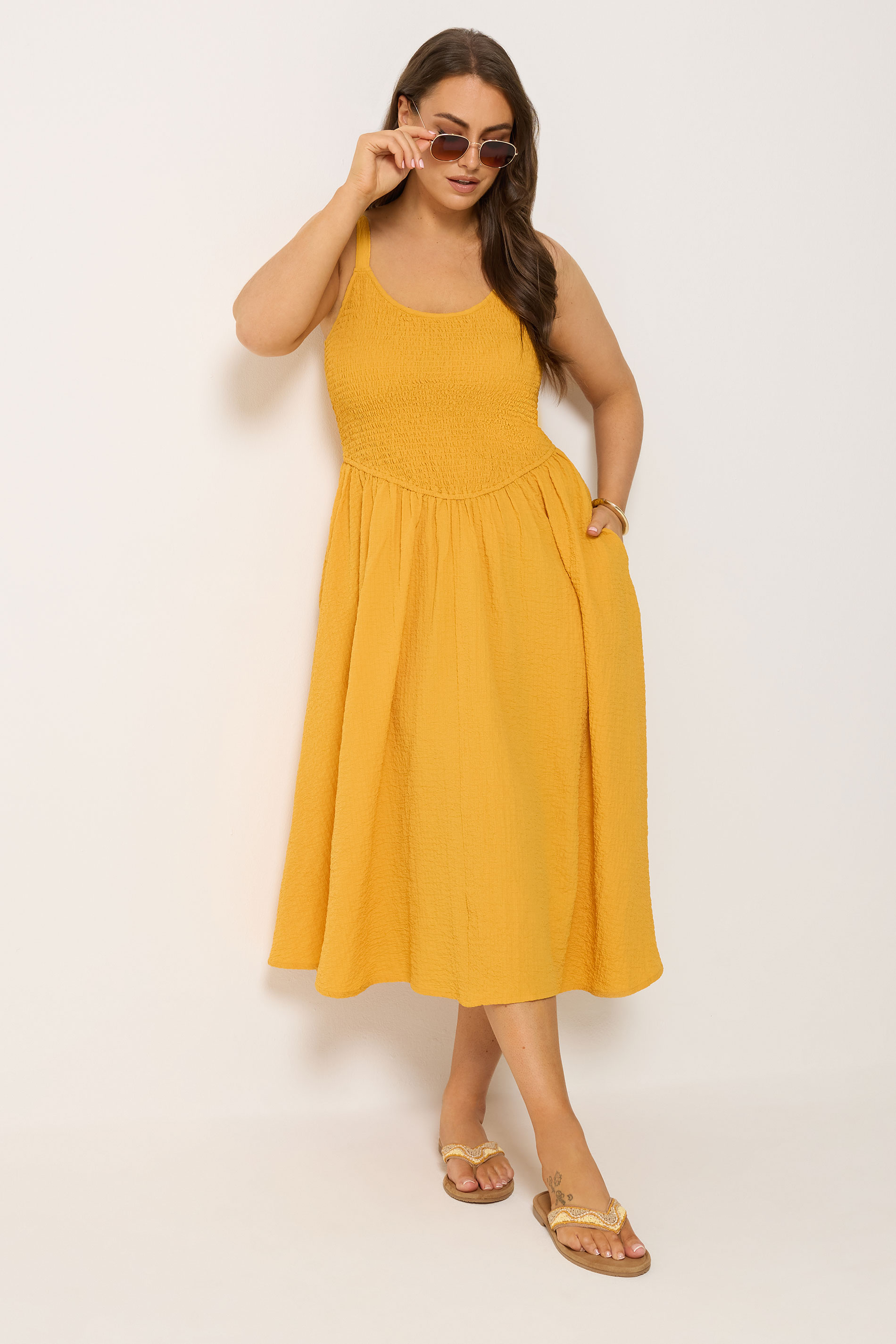 YOURS Plus Size Golden Yellow Shirred Sundress | Yours Clothing 1