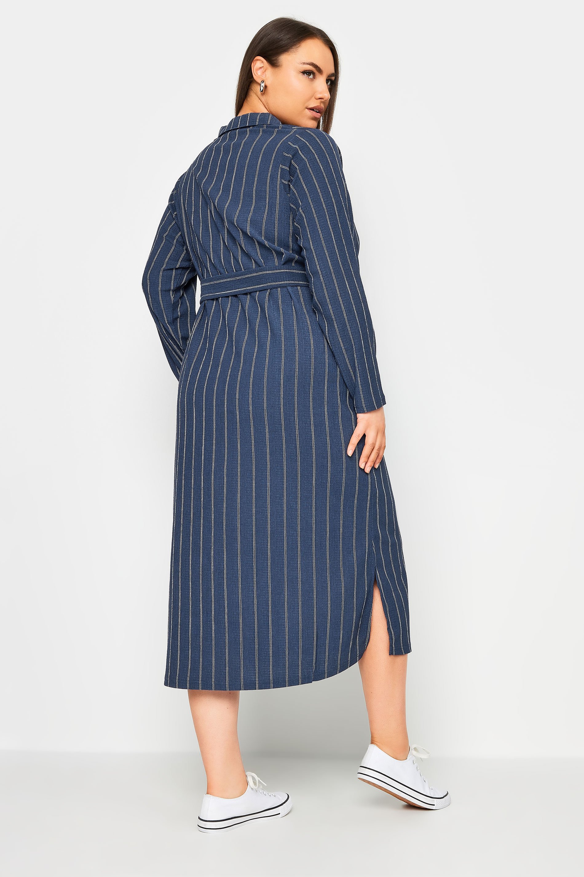 YOURS Plus Size Navy Blue Textured Pinstripe Midi Dress | Yours Clothing