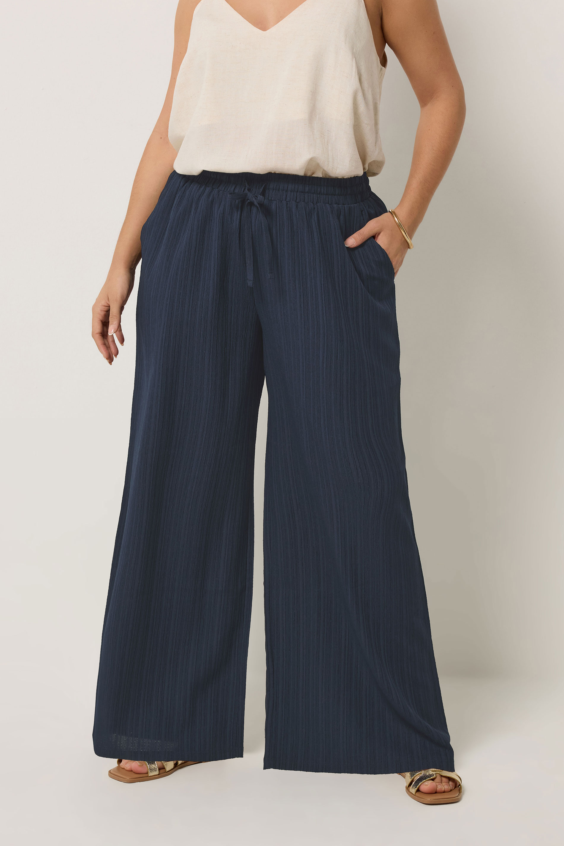 YOURS Plus Size Navy Blue Wide Leg Textured Trousers | Yours Clothing 3