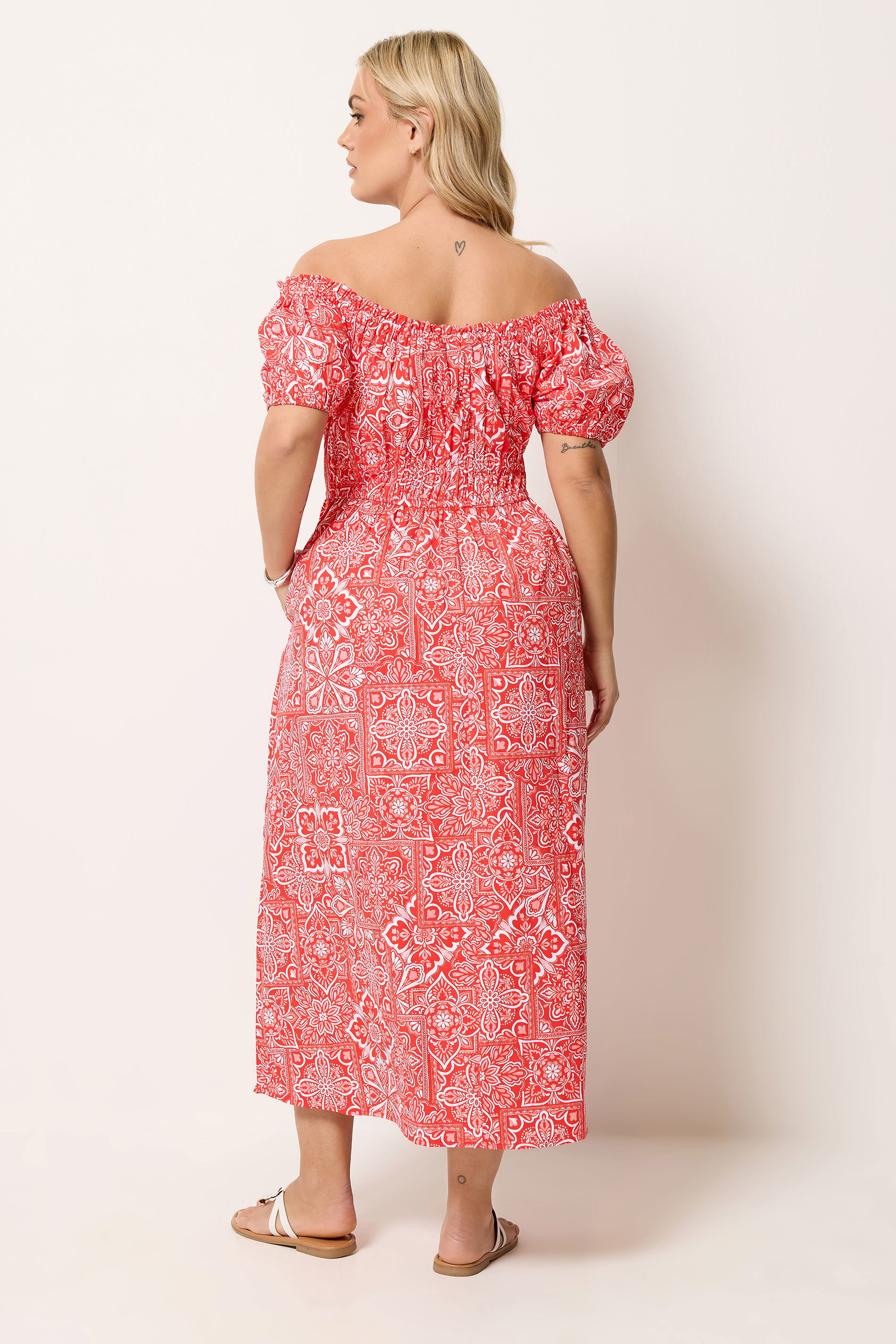 YOURS Plus Size Red Paisley Poplin Bardot Dress | Yours Clothing 2